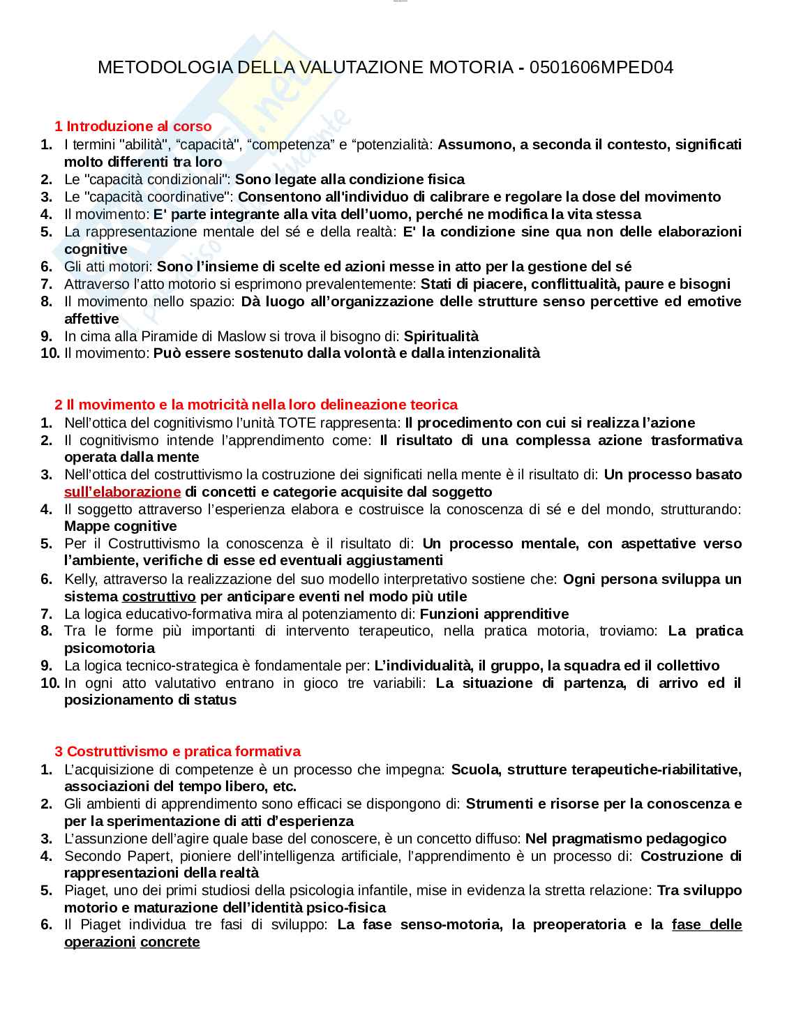Paniere esame Metodologia della valutazione motoria Pag. 2