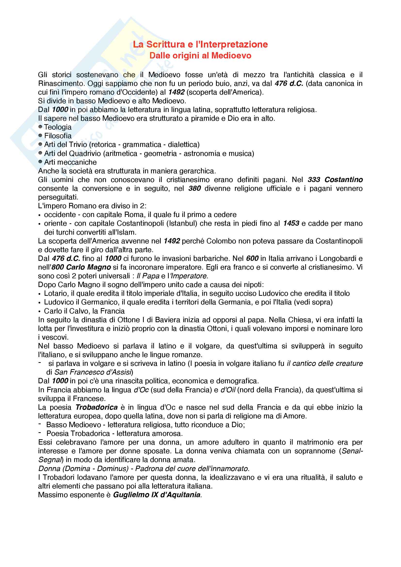 Riassunto esame Letteratura italiana, prof. Pellizzari, libro consigliato La scrittura e l'interpretazione -dalle origini al medioevo- volume rosso Pag. 1