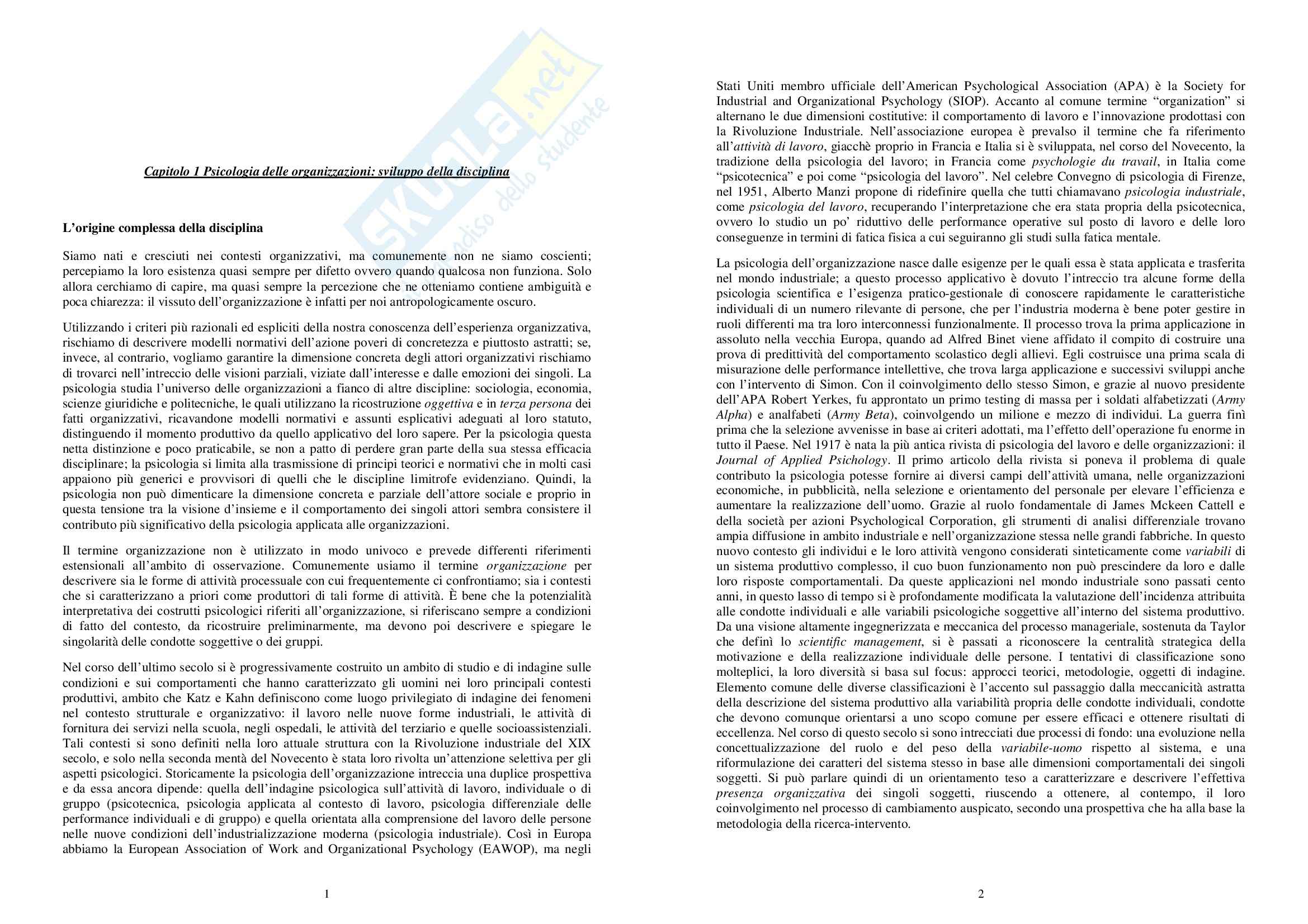 Riassunto esame Psicologia del Lavoro, prof. Manuti, libro consigliato Psicologia delle Organizzazioni, Argentero, Cortese, Piccardo Pag. 1