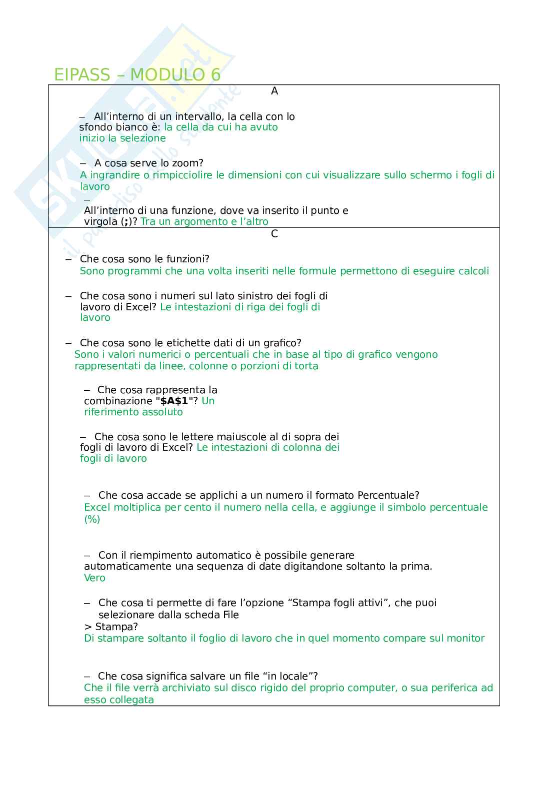 Eipass 7 moduli - Modulo 6 (Excel - Funzioni e strumenti essenziali). Aggiornato e completo. In ordine Pag. 1
