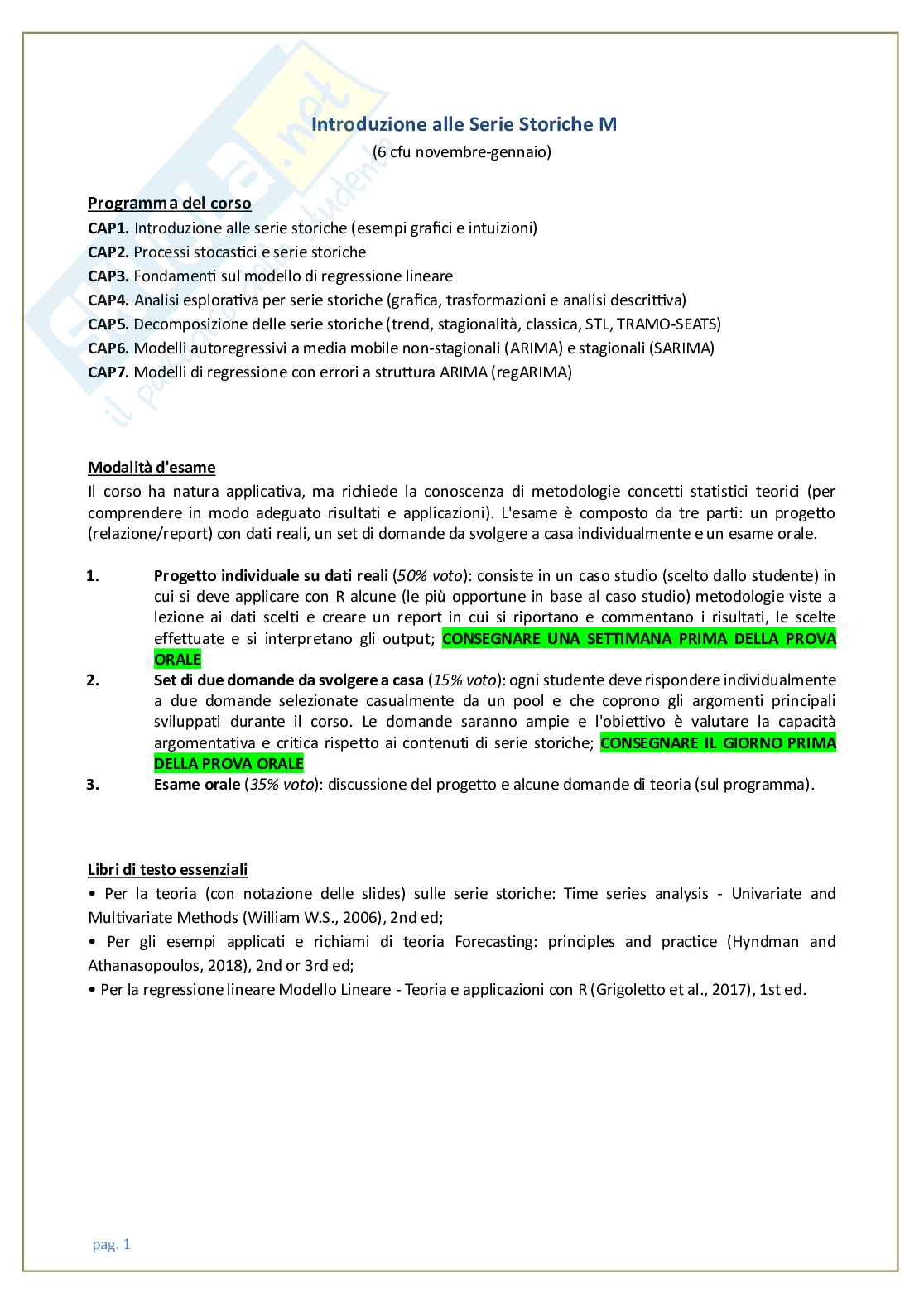 Appunti corso Introduzione alla serie storiche Pag. 1