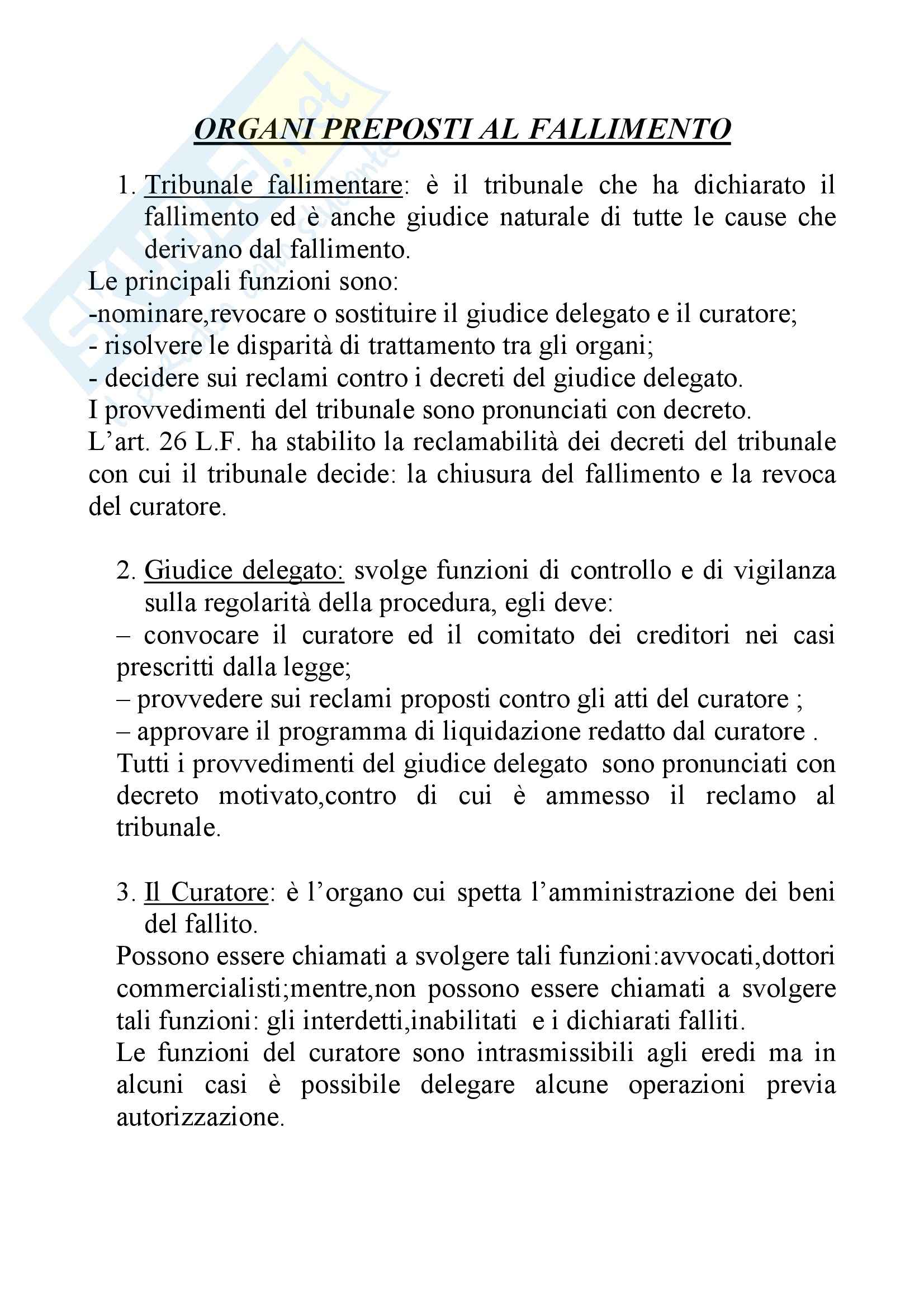 Diritto fallimentare - Organi preposti al fallimento Pag. 1