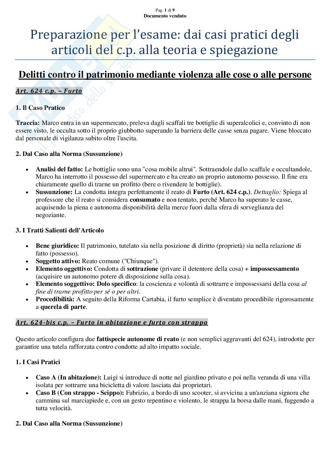 Esercizi: casi pratici all'articolo, Delitti contro patrimonio, per l'esame di Diritto penale 2/speciale Pag. 1