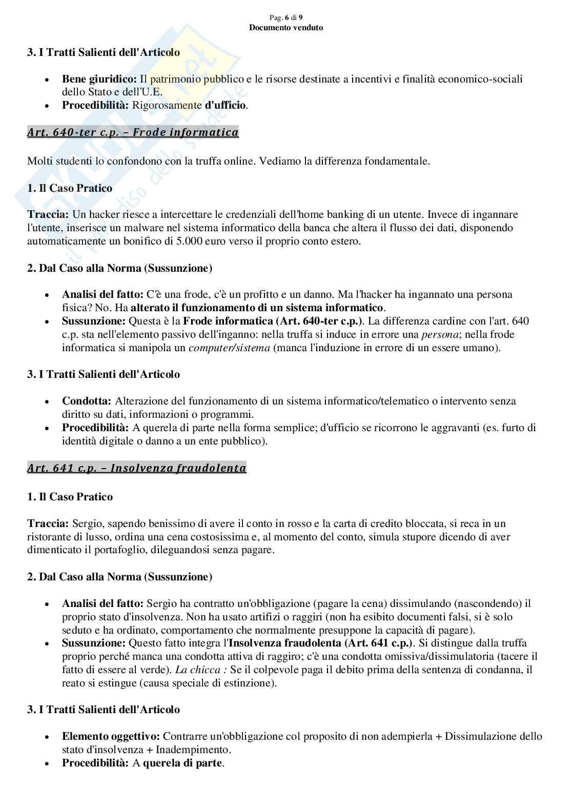 Esercizi: casi pratici all'articolo, Delitti contro patrimonio, per l'esame di Diritto penale 2/speciale Pag. 6