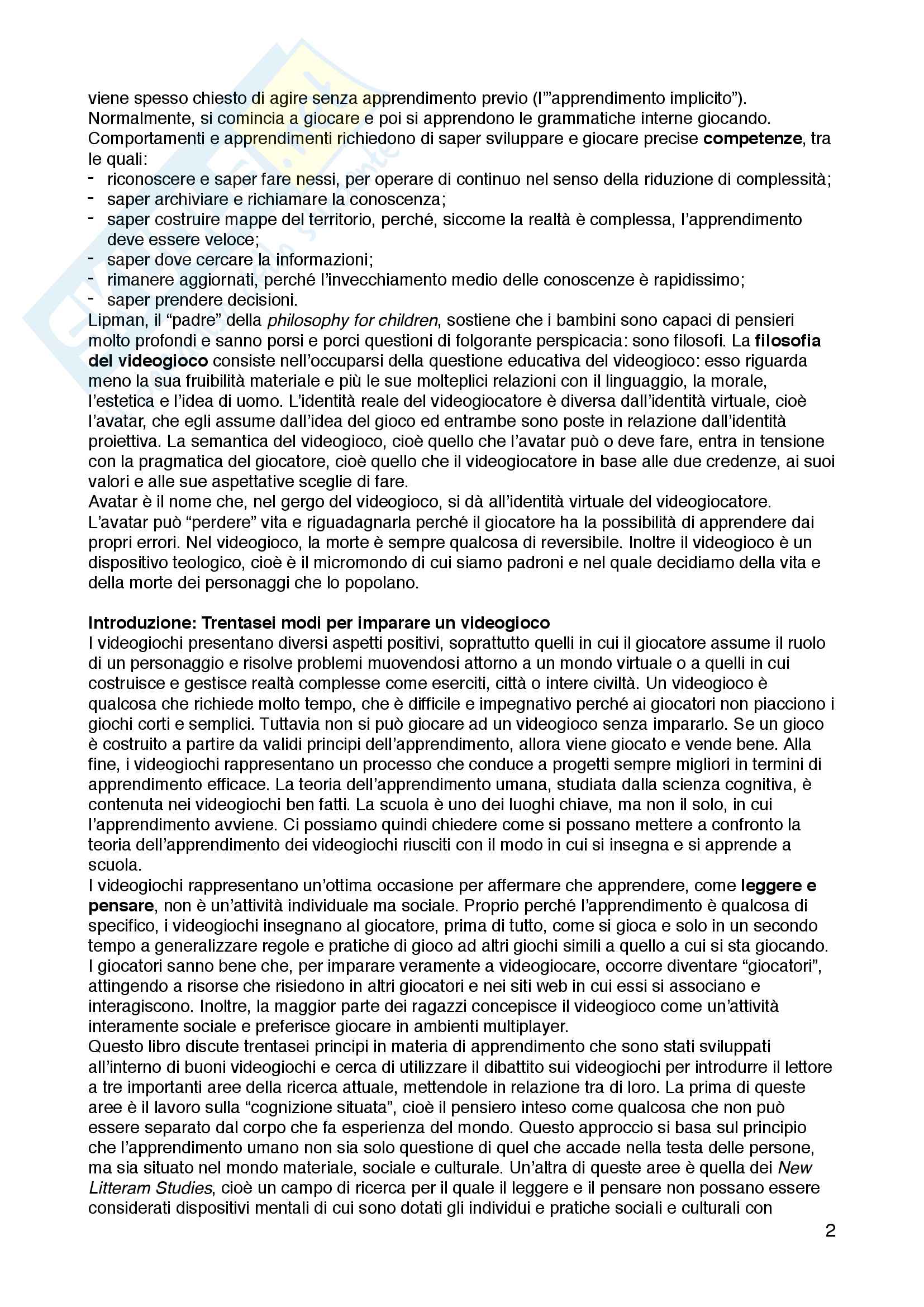 Riassunto esame Metodologia e tecnica del gioco e dell'animazione, prof.ssa Romina Nesti, libro consigliato "Come un videogioco. Insegnare e apprendere nella scuola digitale", James Paul Gee Pag. 2