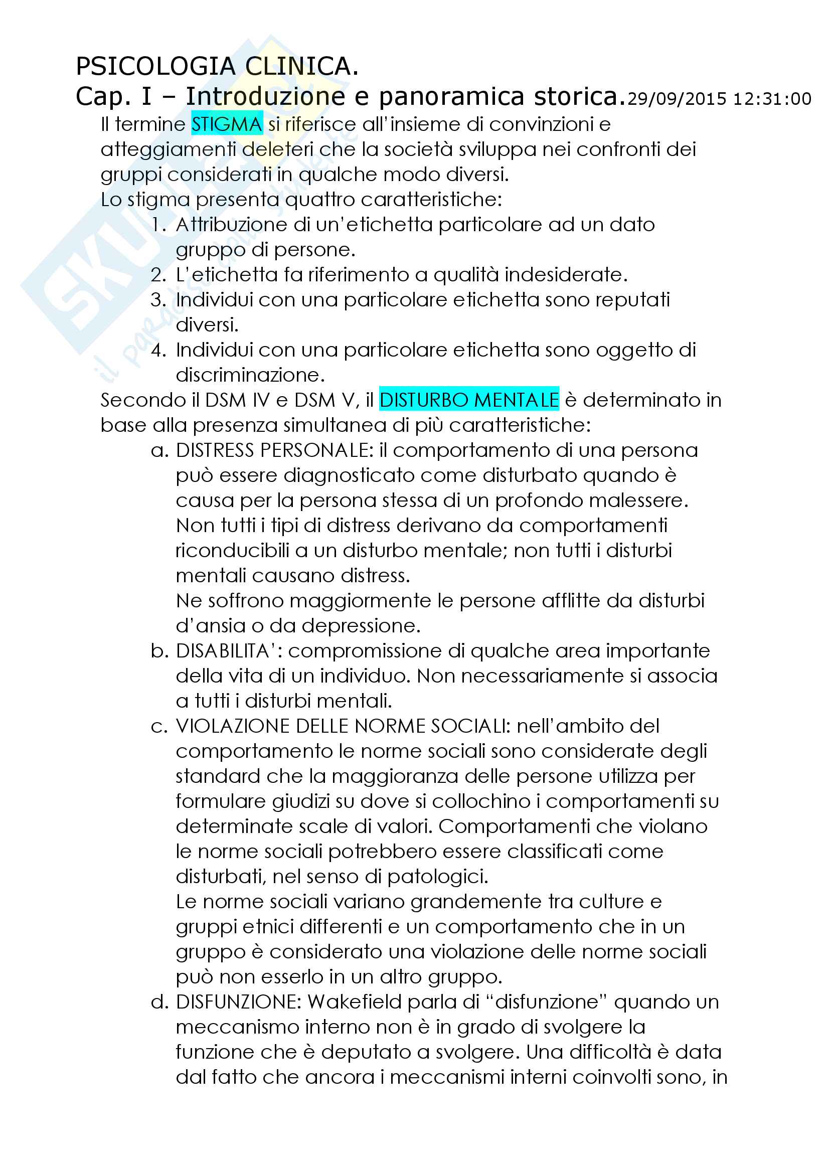 Riassunto esame Psicologia clinica, Prof. Claudio Sica, libro consigliato Psicologia clinica  di Kring, A.M., Johnson, S.L.,Davison,G.C., & Neale,J.M. Pag. 1