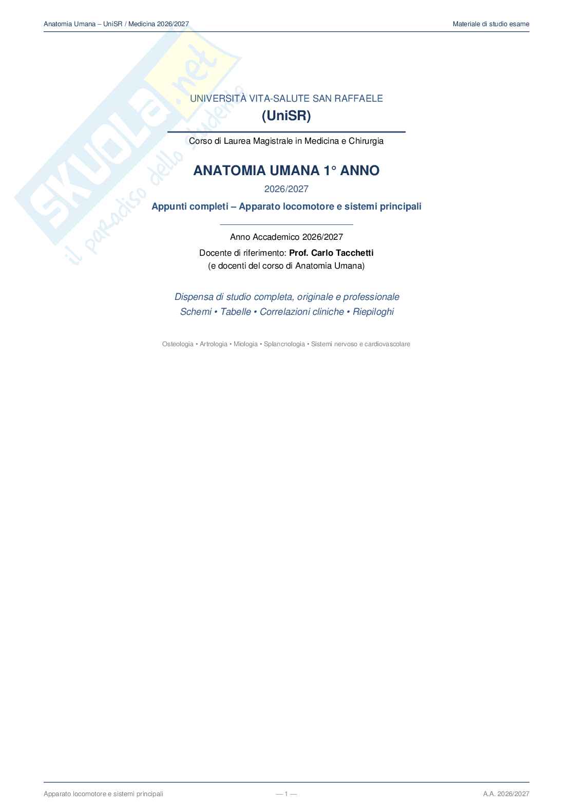 Anatomia umana, 1° anno  – Appunti completi 2026/2027 Pag. 1