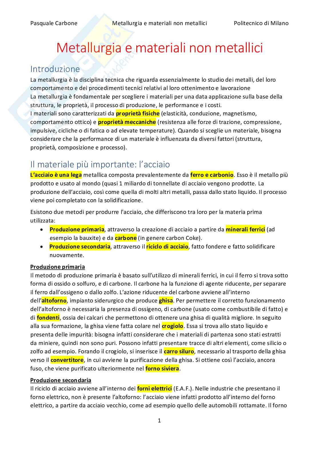 Appunti Metallurgia e materiali non metallici Pag. 1