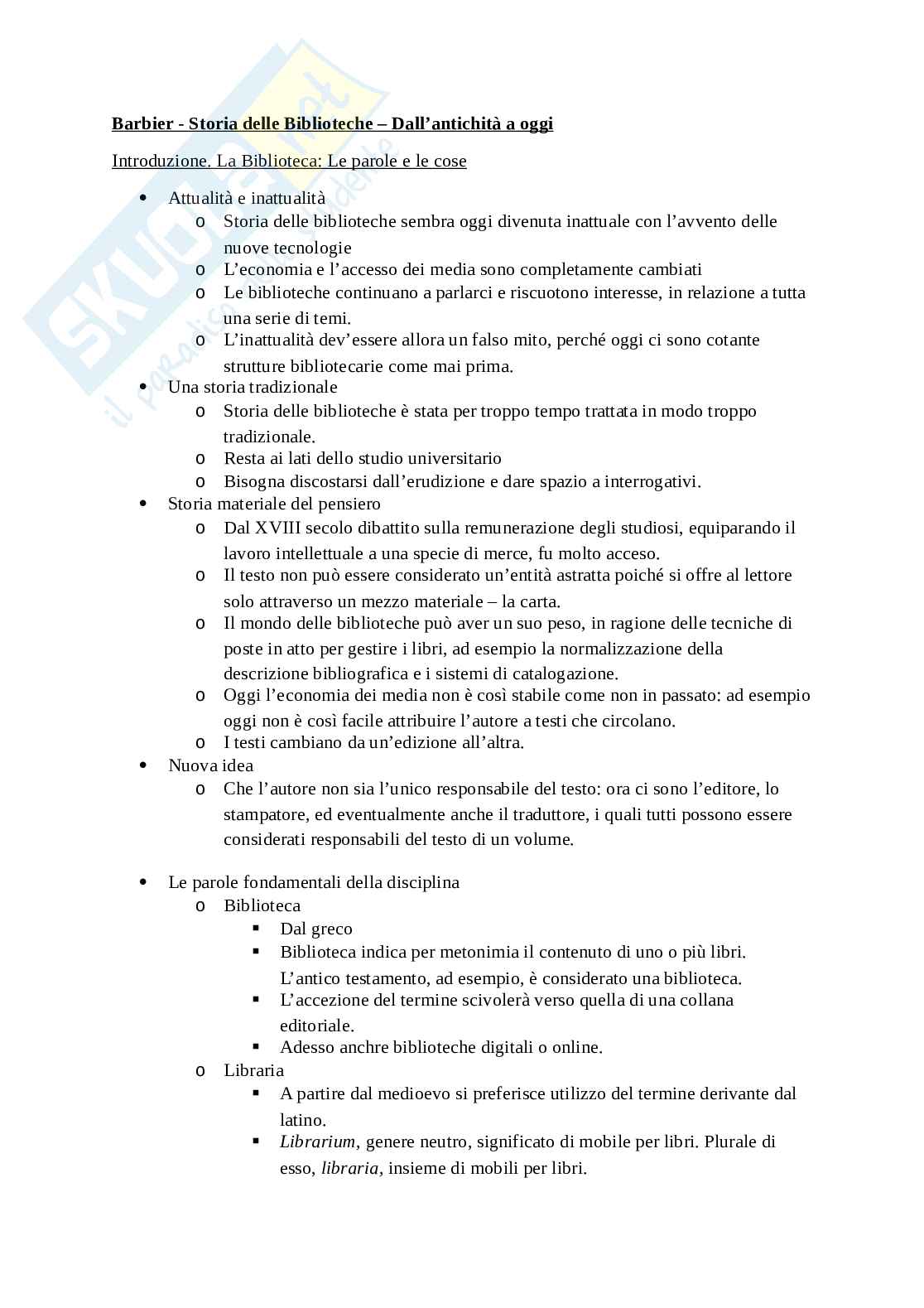 Riassunto esame Storia e Istituzioni musulmane, Prof. Tinti Paolo, libro consigliato Storia delle biblioteche: dall'antichità a oggi, Barbier Pag. 1
