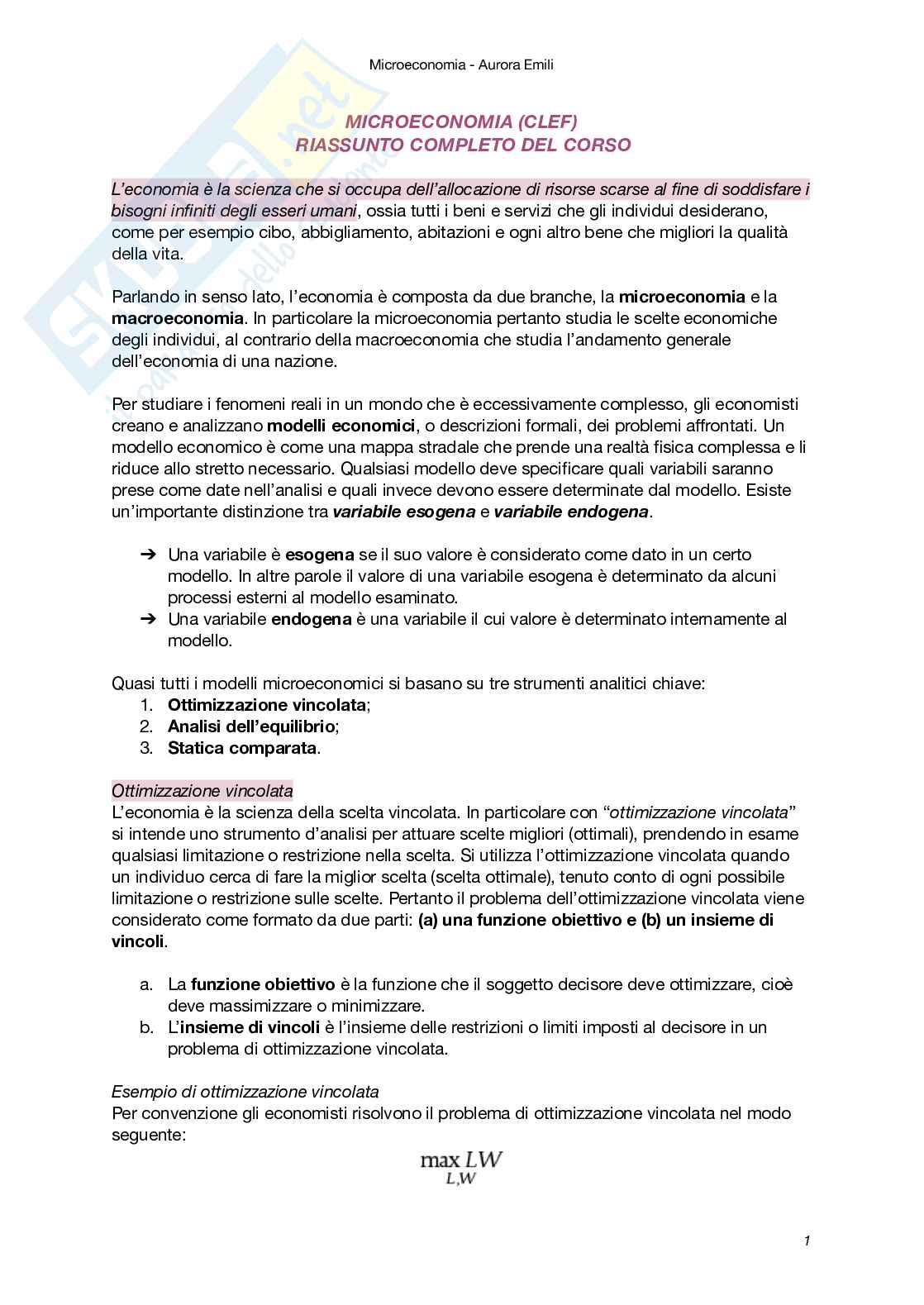 Riassunto esame Microeconomia, Prof. Vuri Daniela, libro consigliato Microeconomia (V Edizione), Besanko, Braeutigam Pag. 1