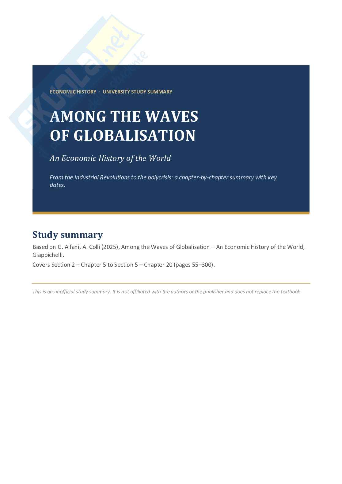 Riassunto esame Economic history, Prof. Tusset Gianfranco, libro consigliato Among the waves of Globalisation - An economic history of the world , Alfani, Colli Pag. 1
