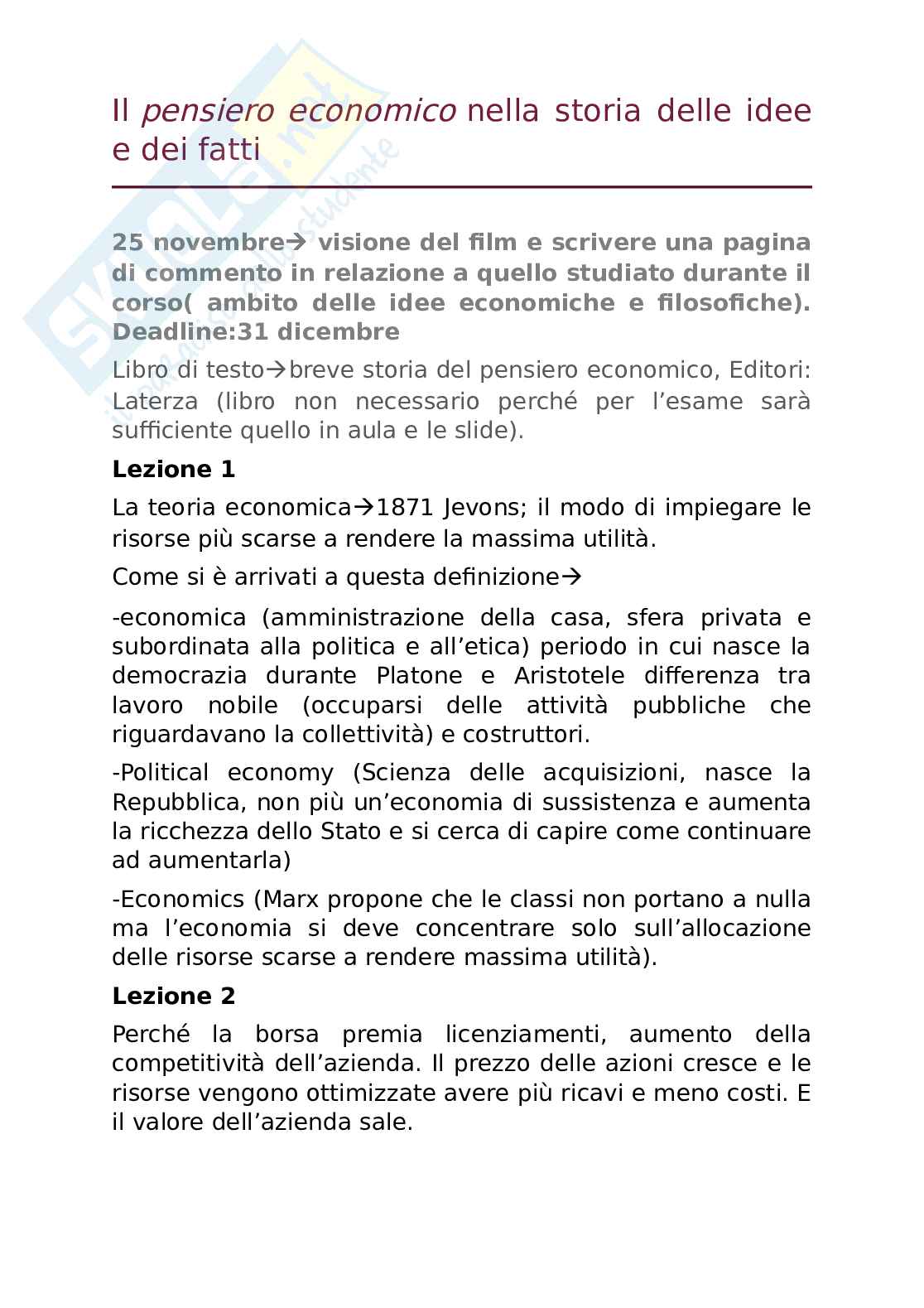 Pensiero economico nella storia delle idee e dei fatti Pag. 1