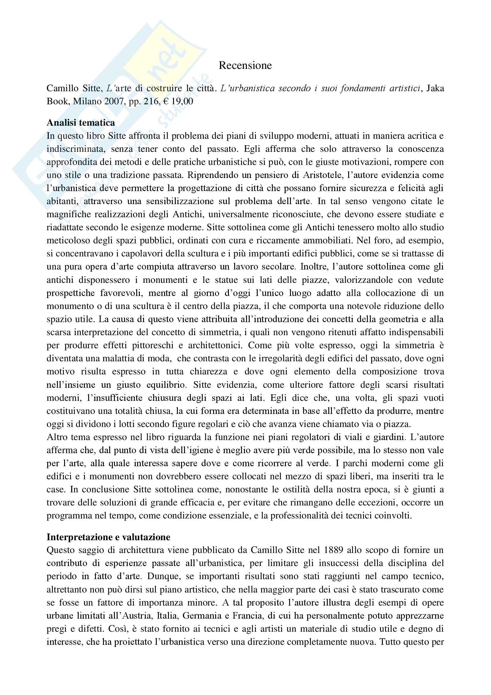 Urbanistica - Camillo Sitte e L'arte di costruire la citta Pag. 1
