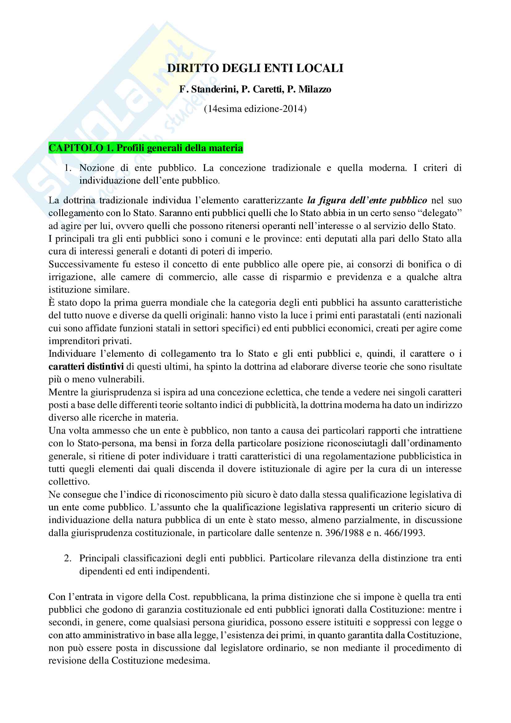 Riassunto esame diritto regionale e degli enti locali, Prof.ssa Specchia, libro consigliato Diritto degli enti locali, 14edizione (2014), Staderini, Caretti e Milazzo Pag. 1