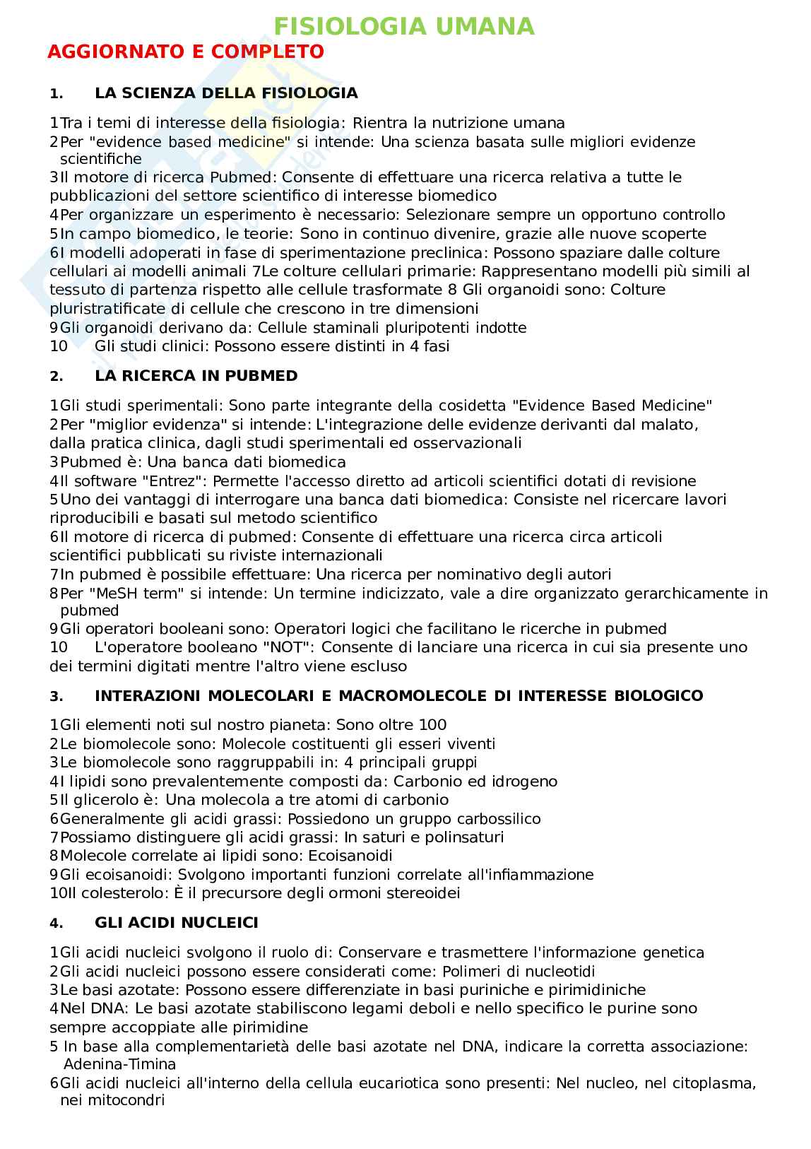 Domande e risposte Fisiologia umana, aggiornato e completo. In ordine + Extra Pag. 1