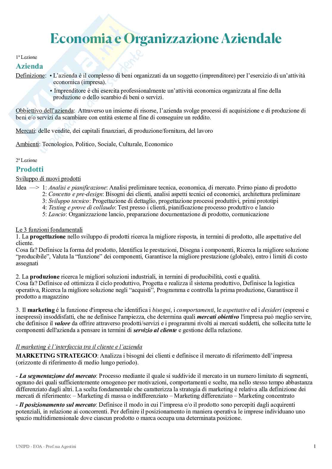 Economia e organizzazione aziendale: contabilità analitica e bilancio Pag. 1