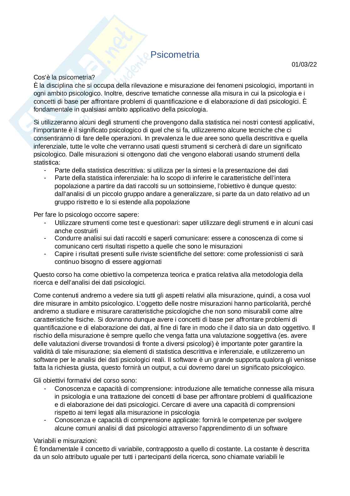 Riassunto esame Psicometria , Prof. Primi Caterina, libro consigliato Introduzione alla Psicometria, Caterina Primi e Francesca Chiesi Pag. 1