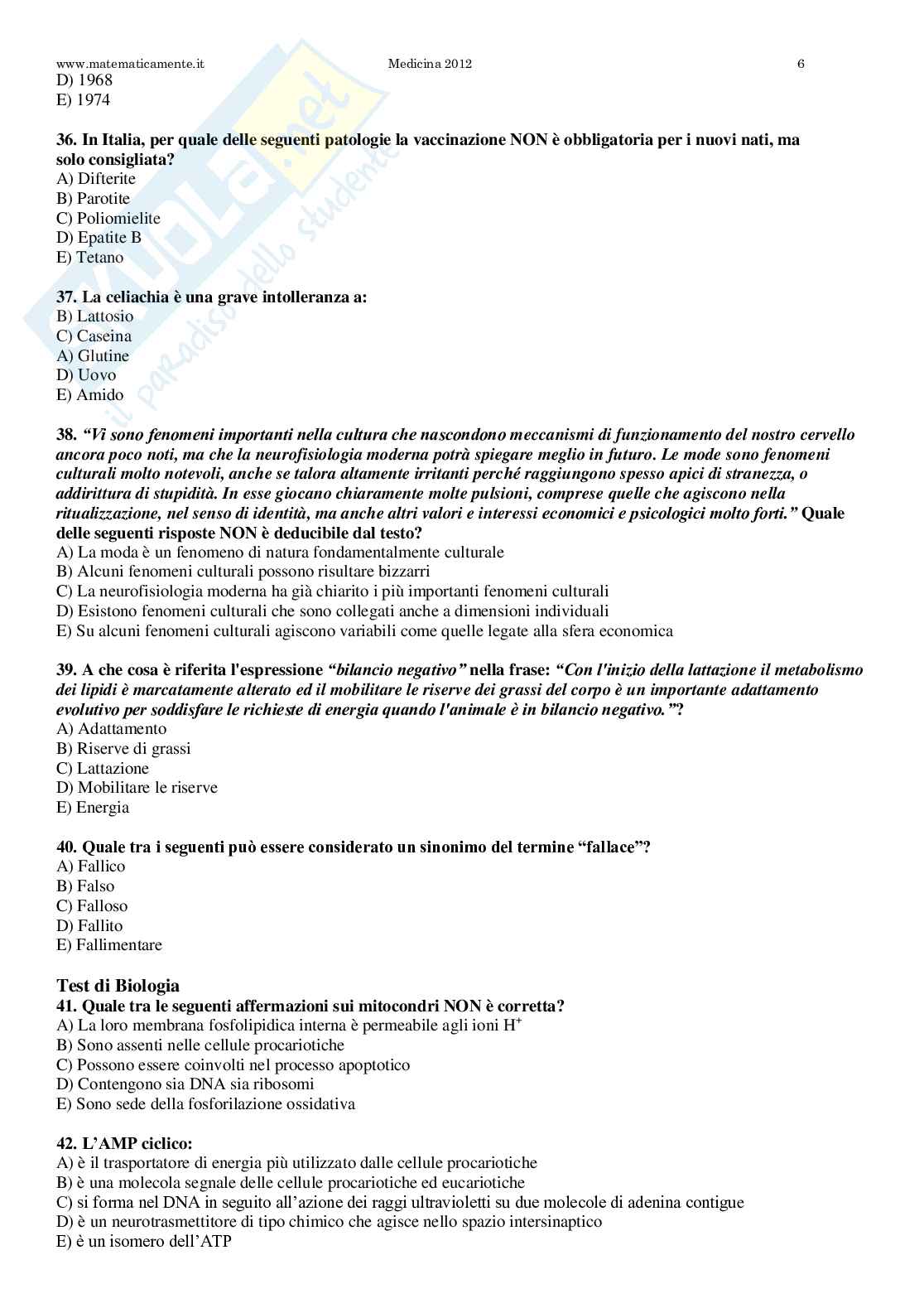 2012 Medicina e Odontoiatria: test di ammissione Pag. 6