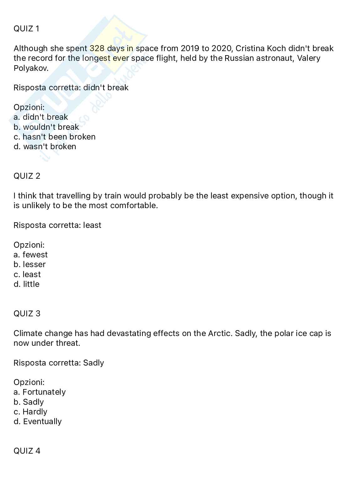 Domande Idoneità Lingua Inglese B2/B1 per tutti i corsi- (Crocette, Cloze, Reading) Pag. 1