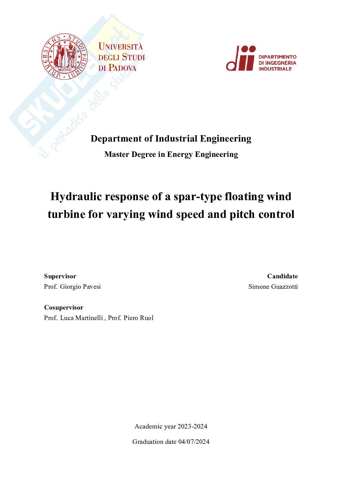 Tesi - Hydraulic response of a spar-type floating wind turbine for varying wind speed and pitch control Pag. 1
