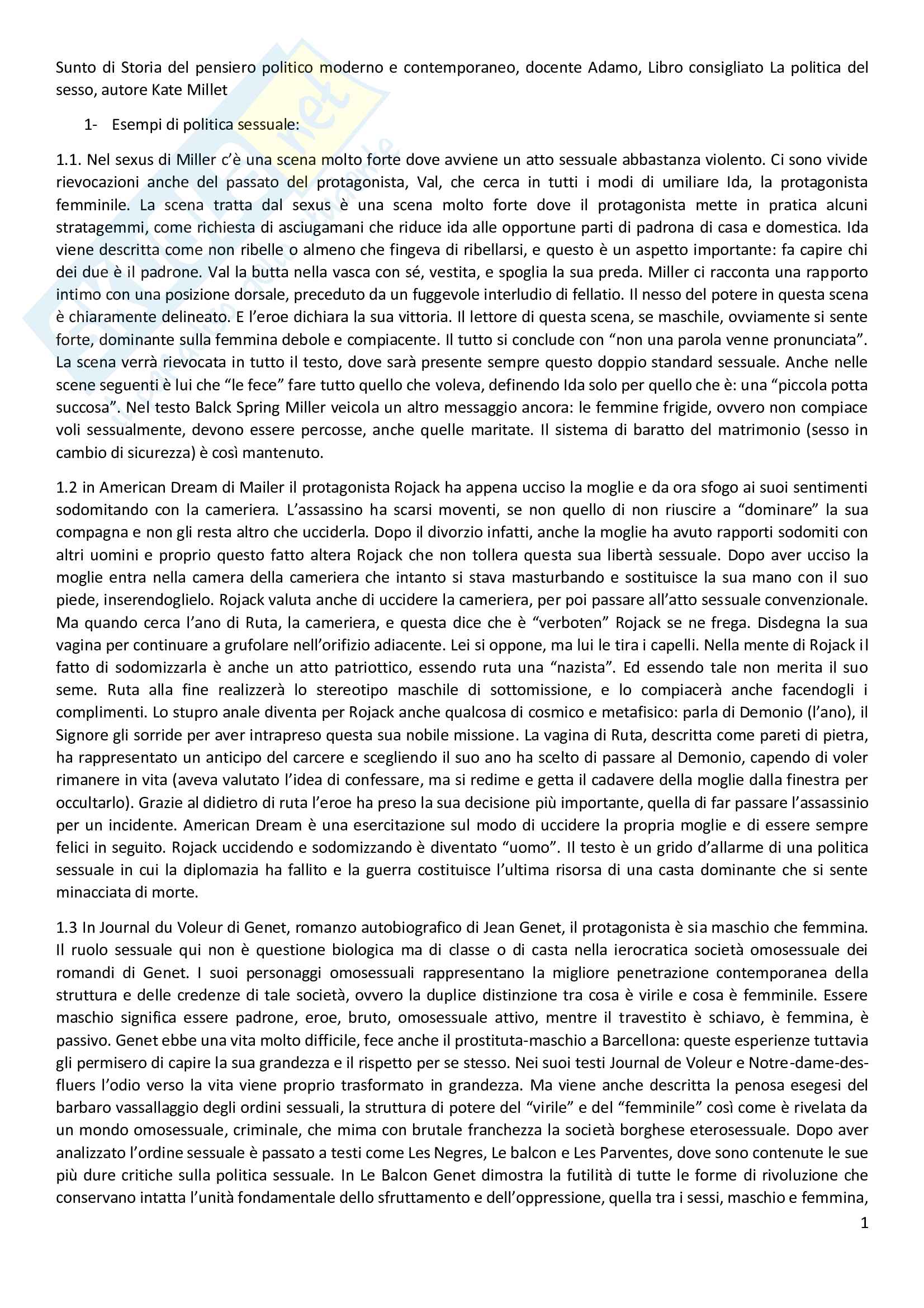 Riassunto esame Storia del pensiero politico moderno e contemporaneo, prof. Adamo, libro consigliato La politica del sesso, Millet Pag. 1