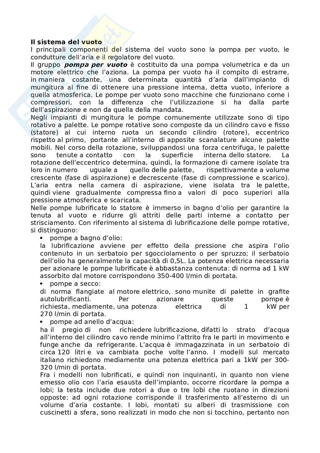 Sistema del vuoto: tipologie di pompa per vuoto, condutture dell'aria, sistema di regolazione del vuoto, riserva utile del vuoto, variatore di velocità, intercettore e separatore igienico Pag. 1
