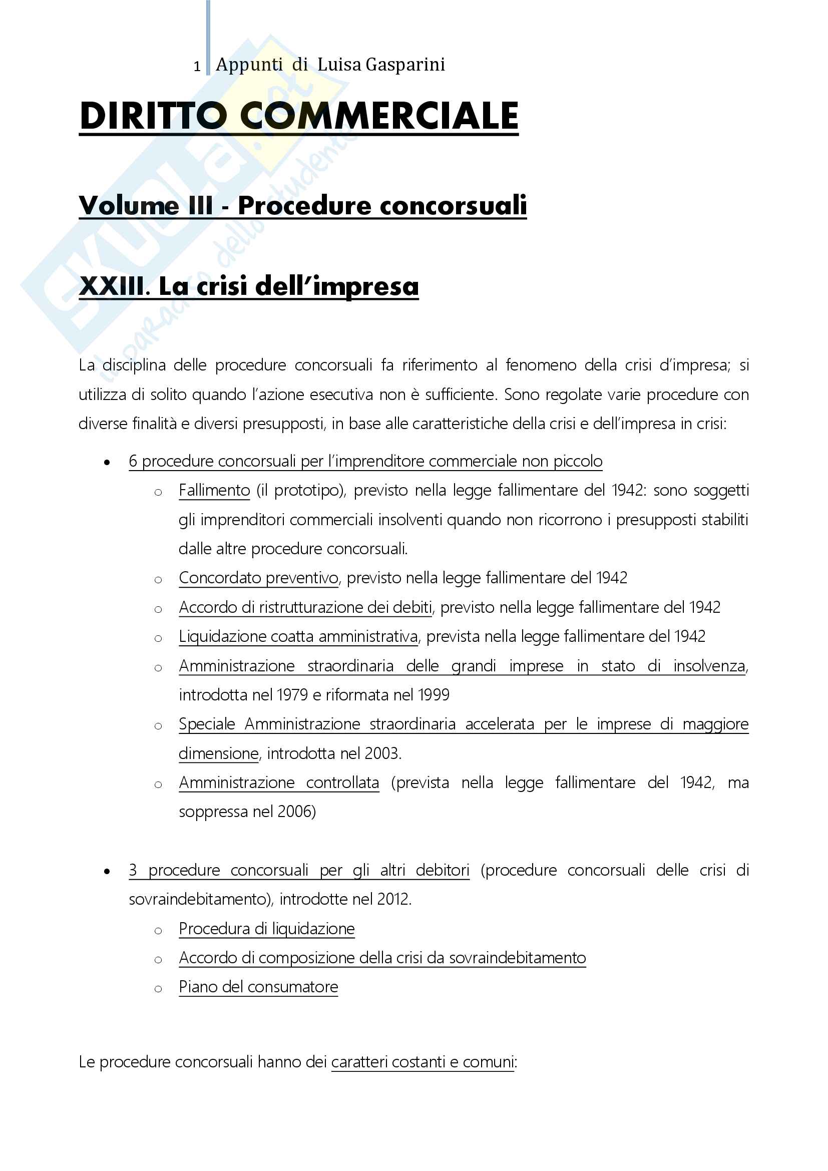 Riassunto esame Diritto commerciale, prof. Viscusi, libro consigliato Diritto Commerciale Volume 3 (procedure concorsuali), Campobasso Pag. 1