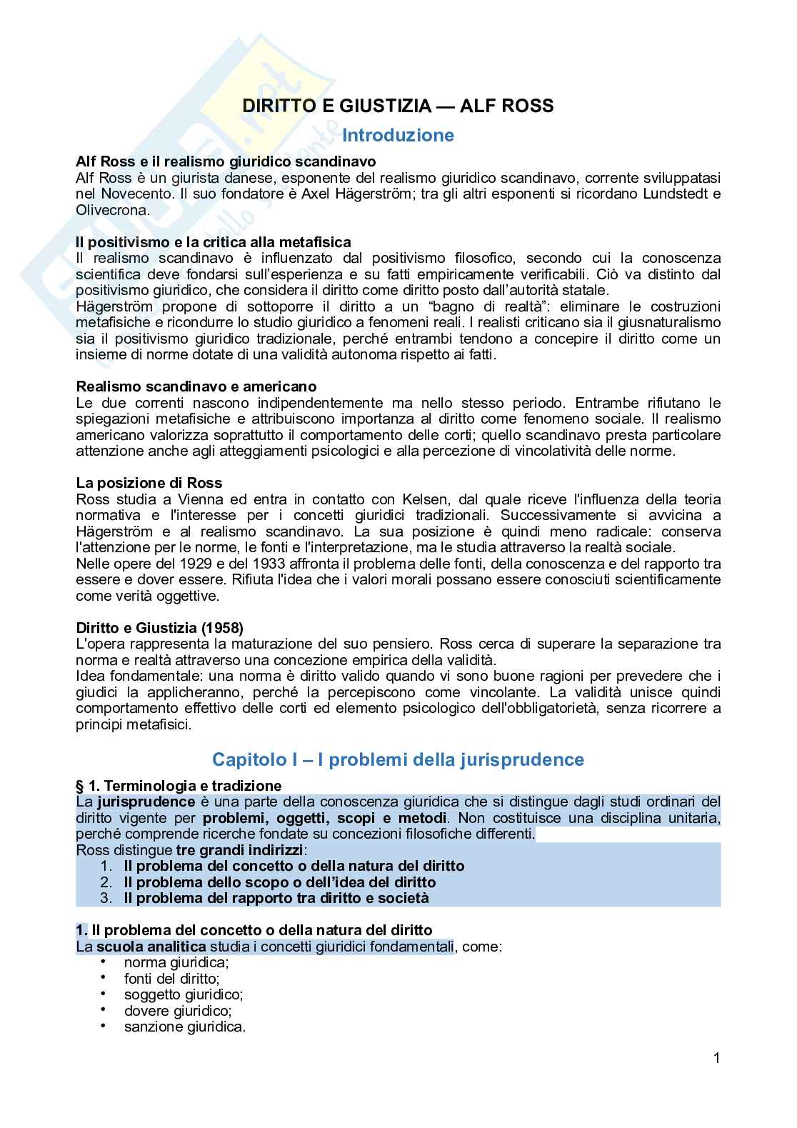 Riassunto esame Filosofia del Diritto, Prof. Re Lucia, libro consigliato Diritto e Giustizia, Ross Pag. 1