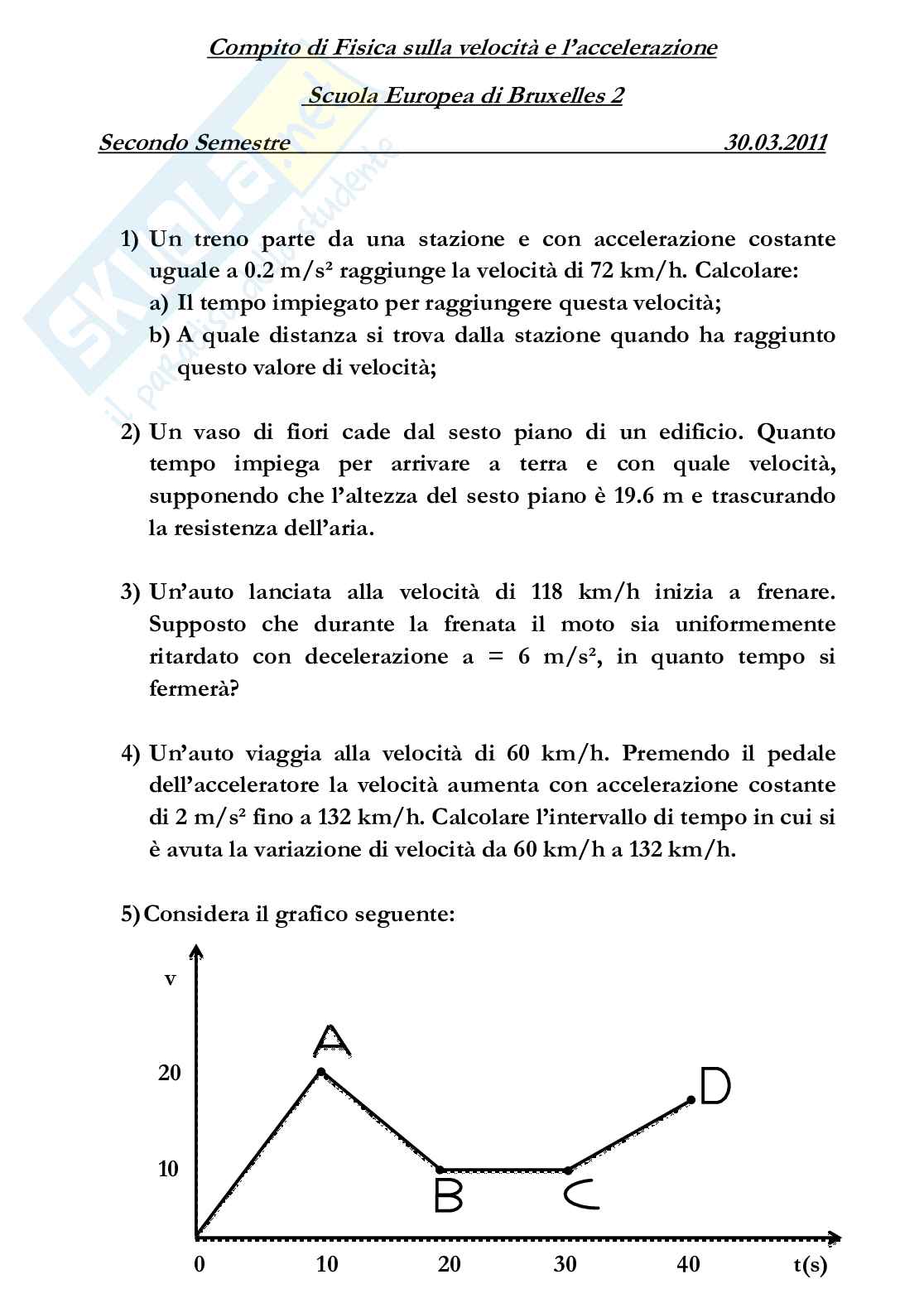 Compito di Fisica su Velocità e Accelerazione Pag. 1