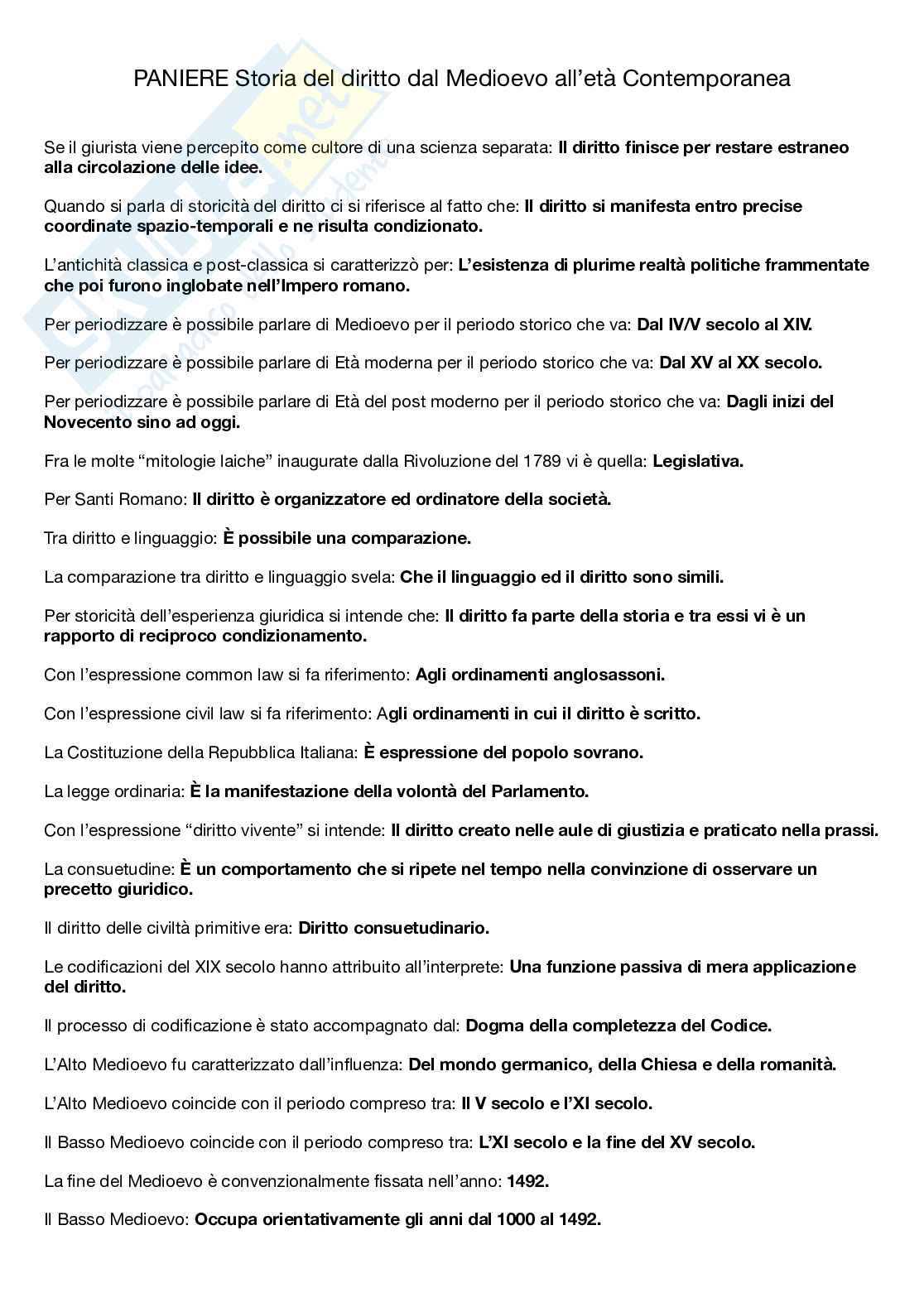 Paniere aggiornato 2025 - Storia del diritto dal Medioevo all'età contemporanea Pag. 1