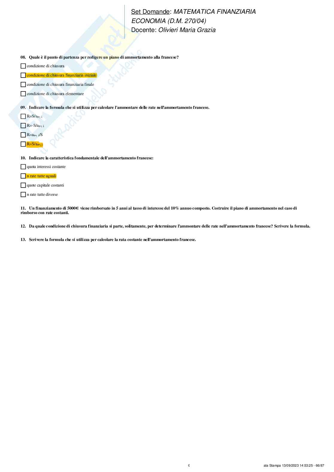 Soluzioni crocette Matematica finanziaria  Pag. 66