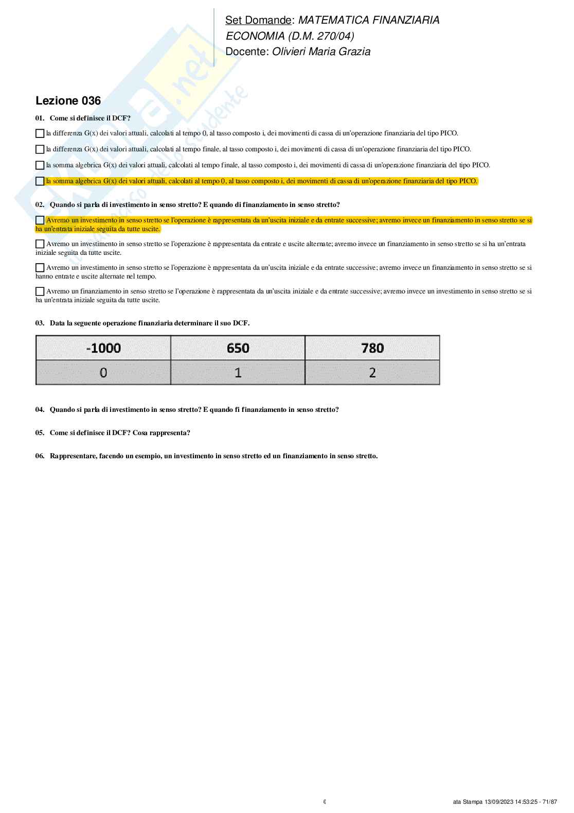 Soluzioni crocette Matematica finanziaria  Pag. 71