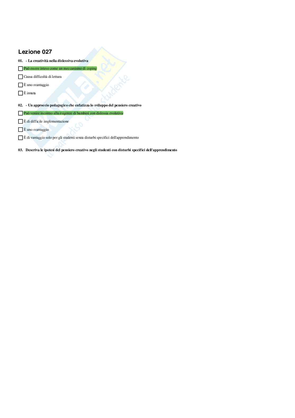 Paniere Psicologia dell' apprendimento - Risposte multiple e fuori paniere - (2026) Pag. 26