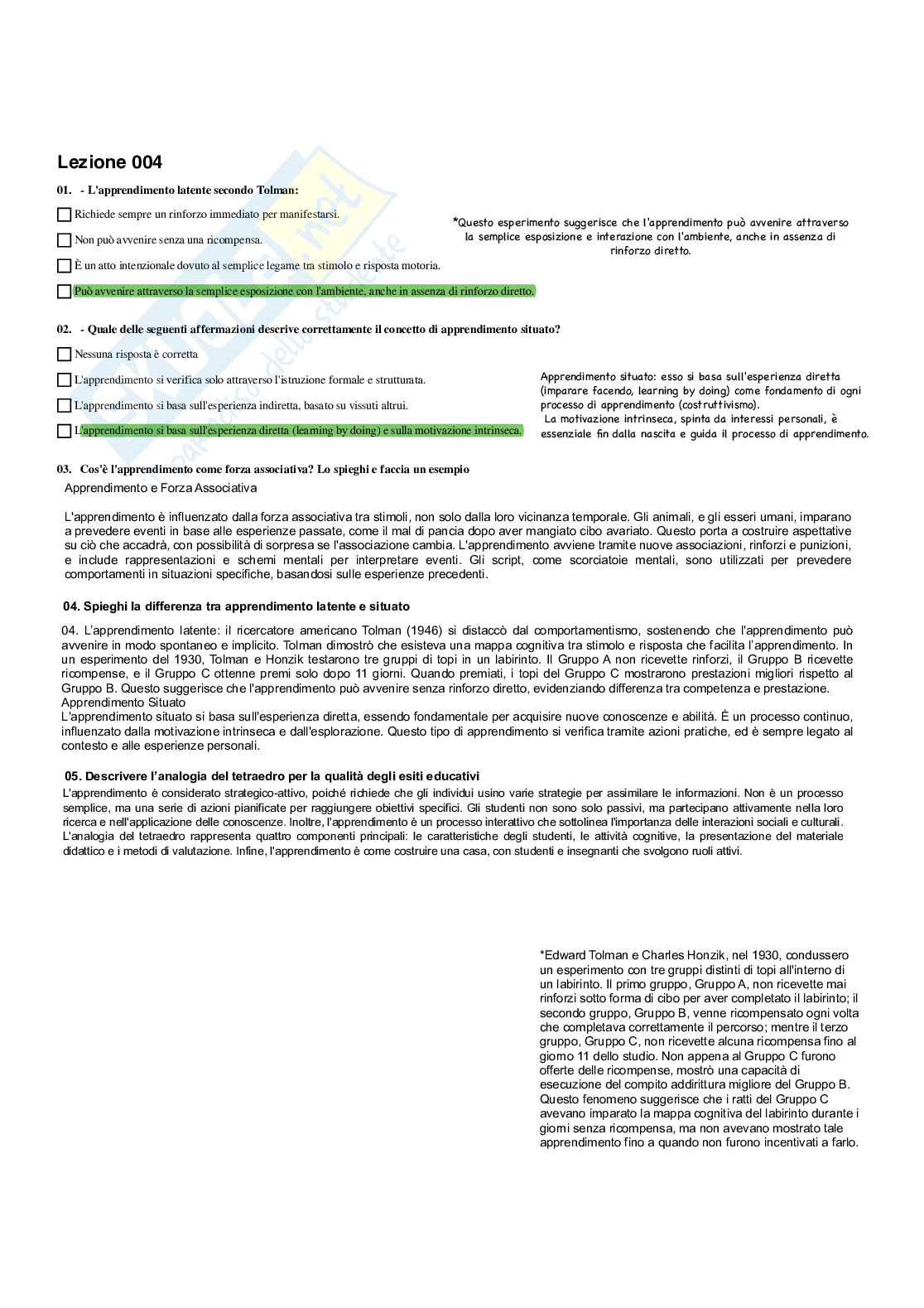 Paniere Psicologia dell' apprendimento - Risposte multiple e fuori paniere - (2026) Pag. 6