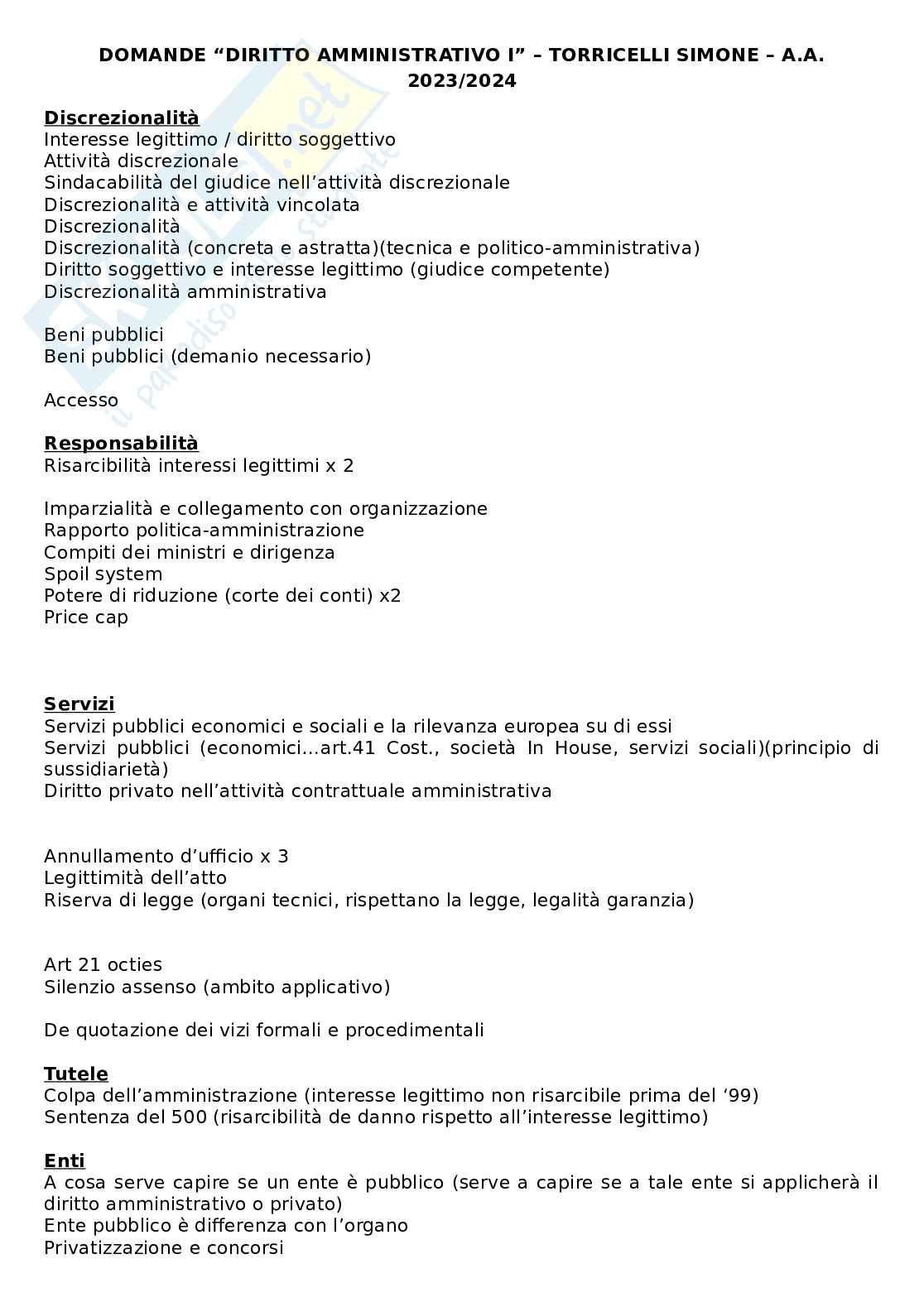 Domande esame Diritto del lavoro, amministrativo 1 e penale I Pag. 1