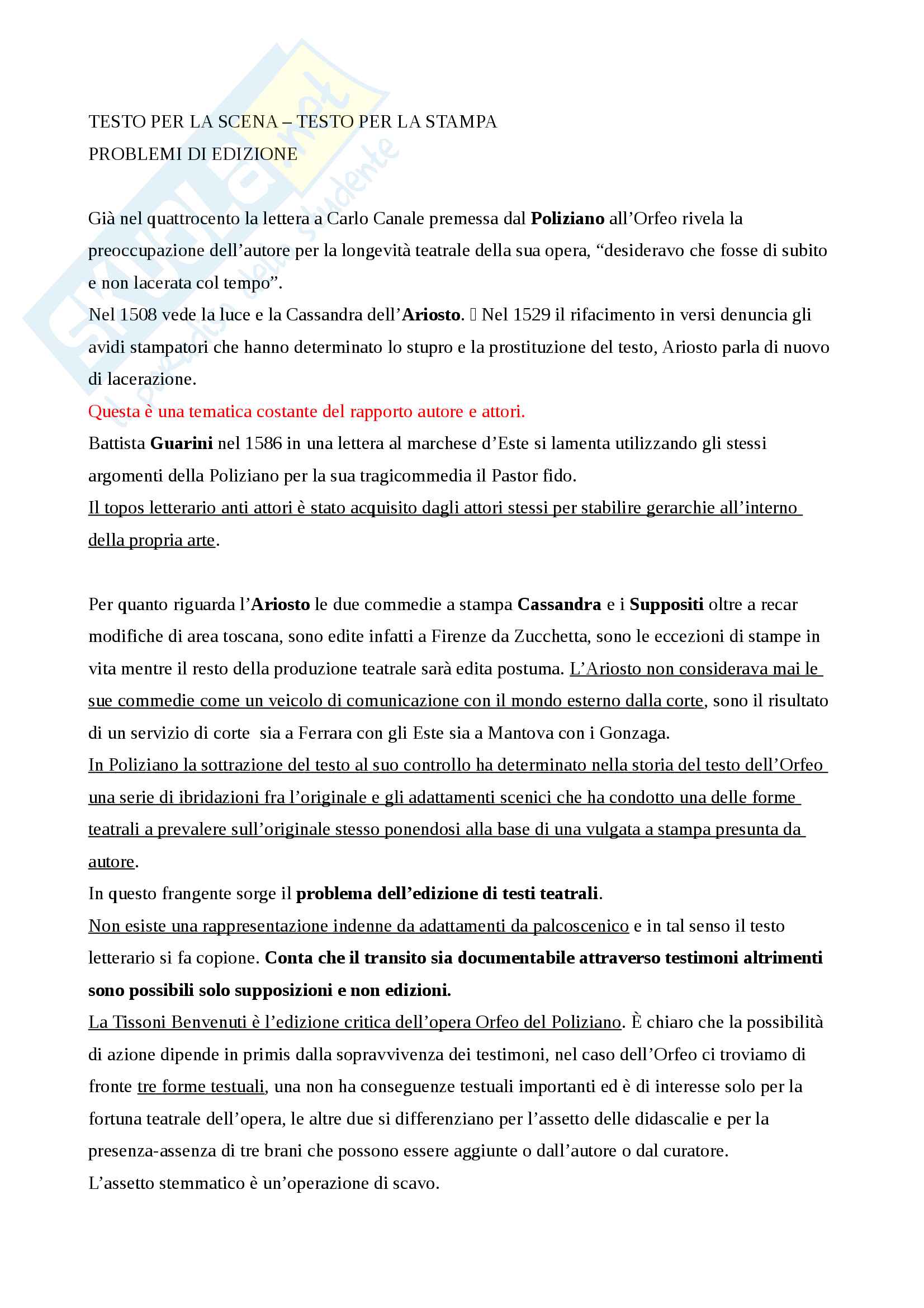 Riassunto esame Filologia, prof. Decaria, libro consigliato Testo per la scena - Testo per la stampa. Problemi di edizione, Laura Riccò Pag. 1