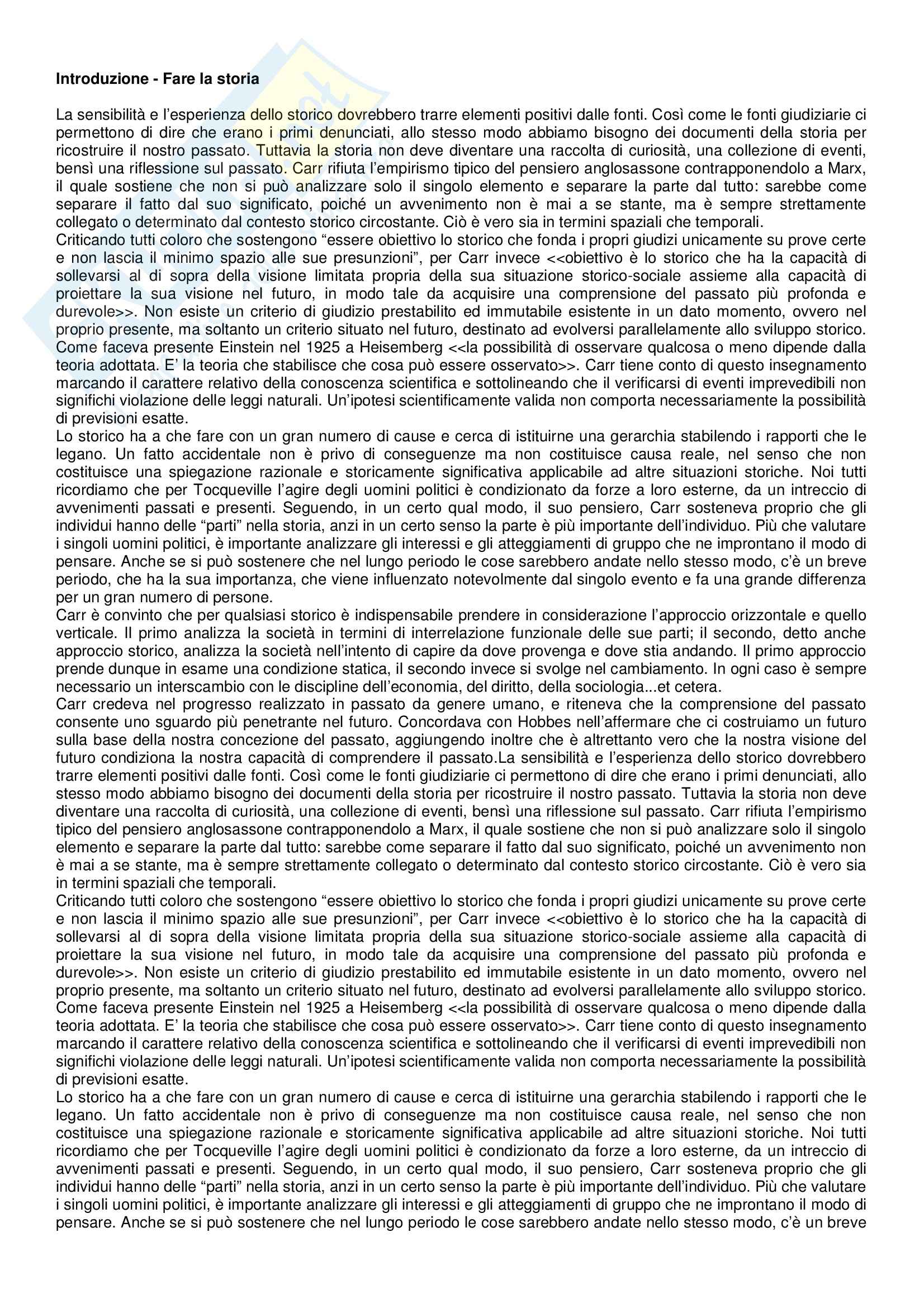 Riassunto esame Metodologia della ricerca storica, prof. Cassata, libro consigliato Metodologia ricerca storica, Carr Pag. 1