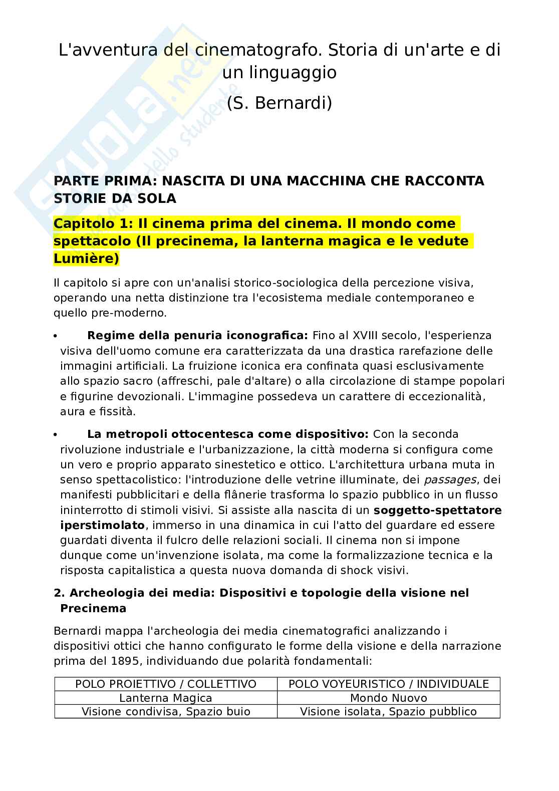 Riassunto esame Storia delle teorie del cinema, Prof. Vitella Federico, libro consigliato L'avventura del cinematografo. Storia di un'arte e di un linguaggio, Bernardi Pag. 1