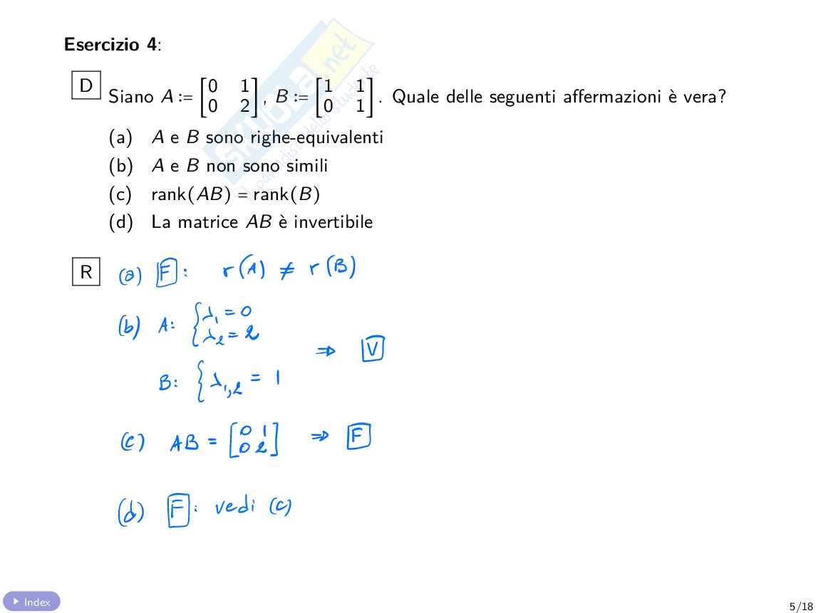 Quiz con soluzione Algebra e geometria lineare Pag. 11