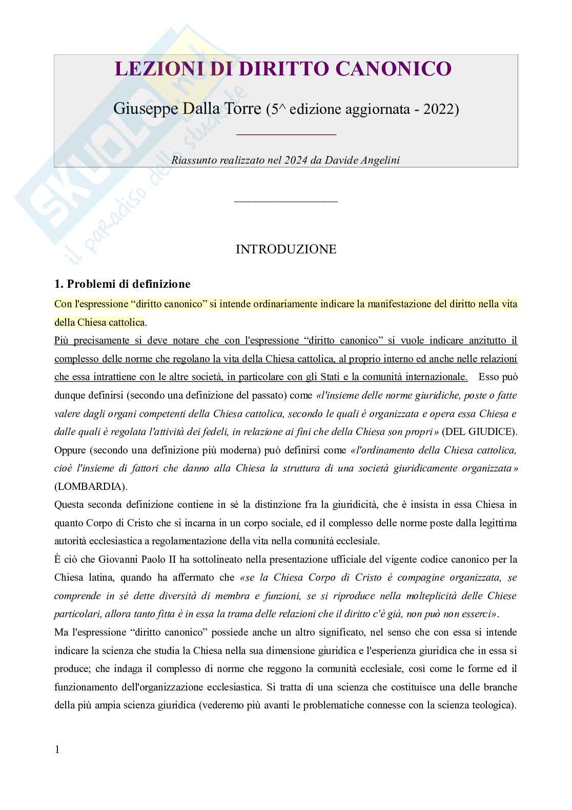 Riassunto esame Diritto canonico, Prof. Milani Daniela, libro consigliato Lezioni di diritto canonico (5^ edizione), Dalla Torre Pag. 1