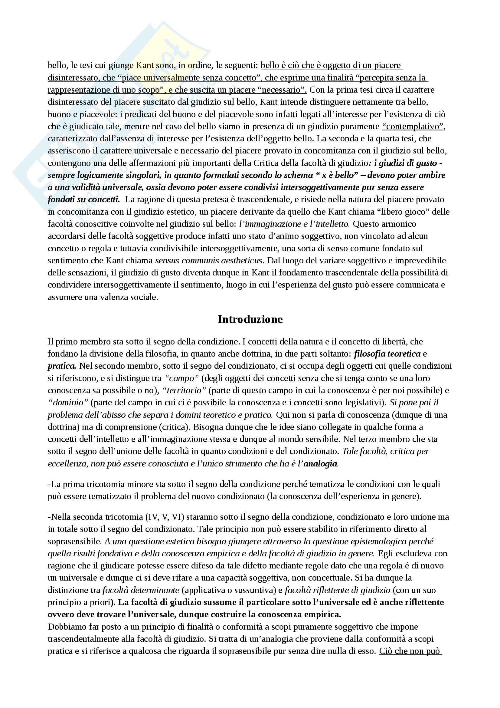 Riassunto esame filosofia estetica, prof. Velotti, libro consigliato La Critica del Giudizio Pag. 2
