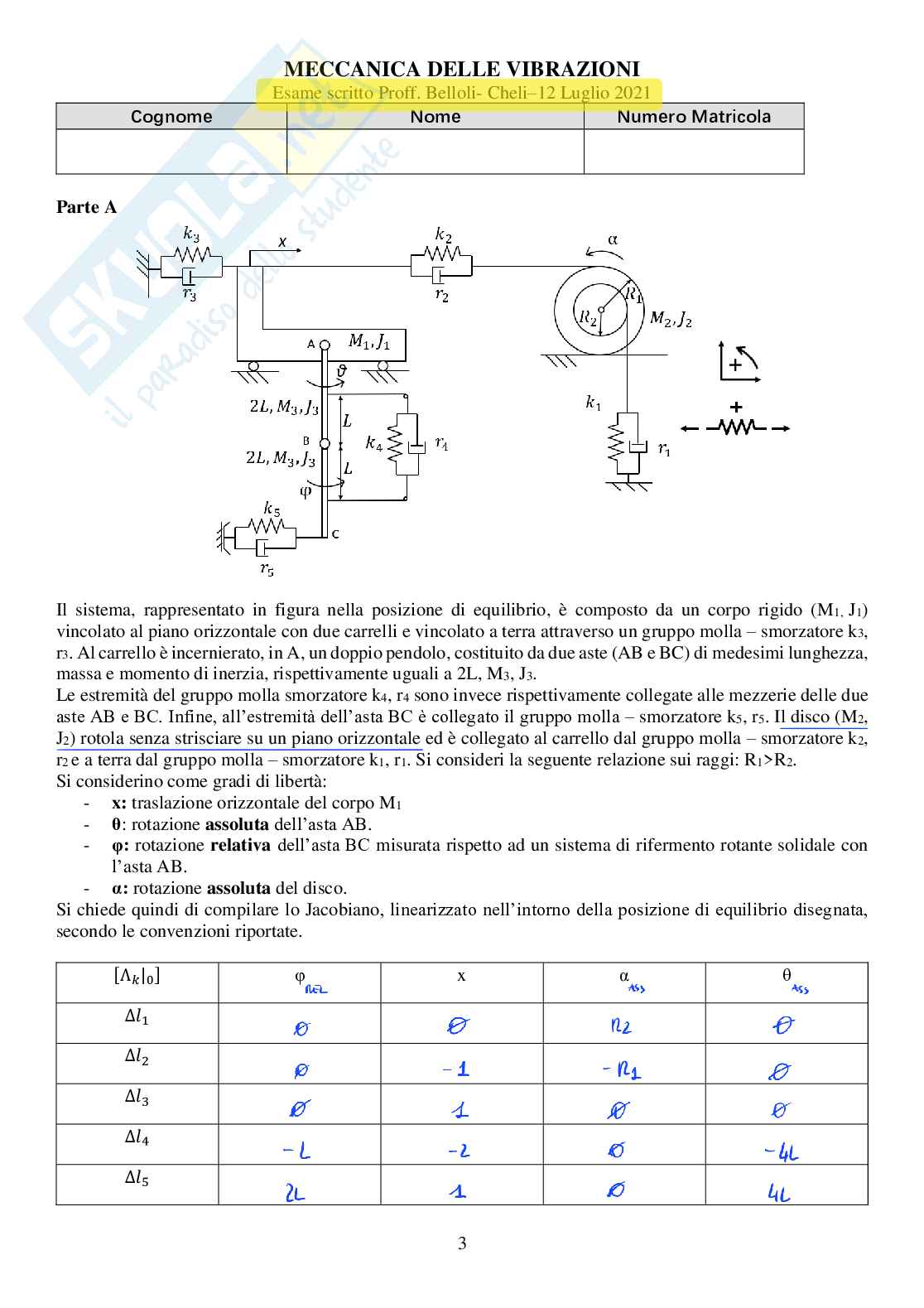 Soluzioni esercizi d'esame Meccanica delle vibrazioni (Parte A) Pag. 1