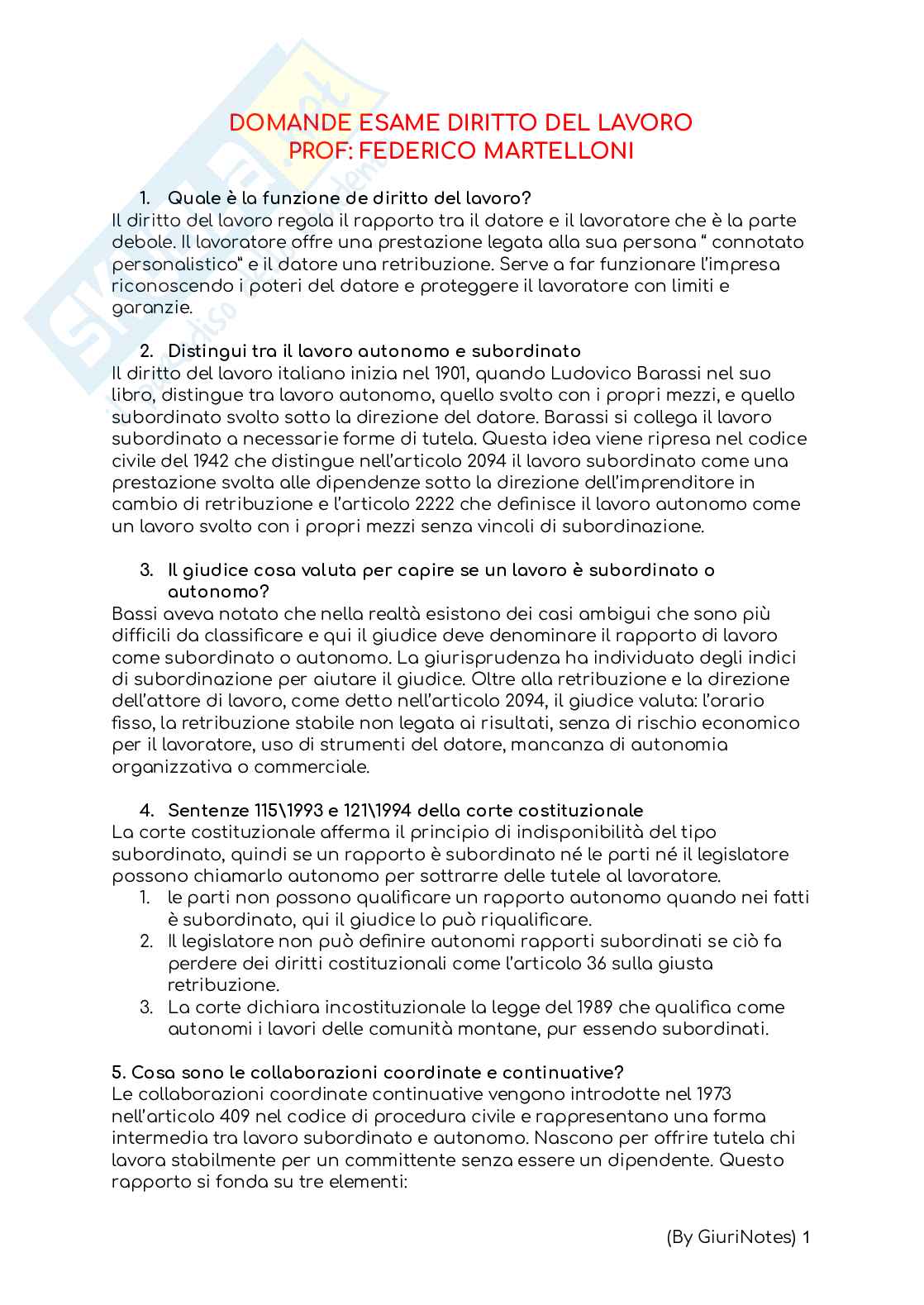 Domande e risposte dell’esame di Diritto del lavoro  Pag. 1