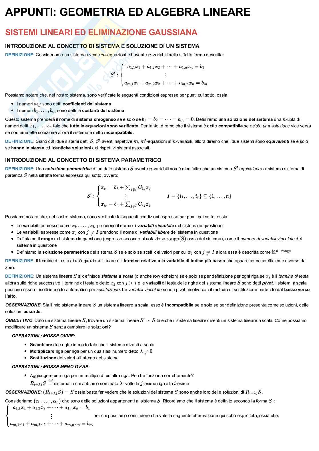 Geometria e Algebra lineare Pag. 1