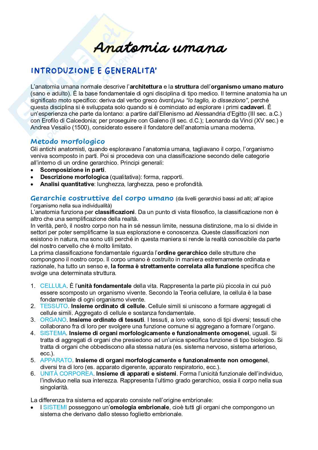 Introduzione e generalità all'Anatomia Umana + Istologia Pag. 1