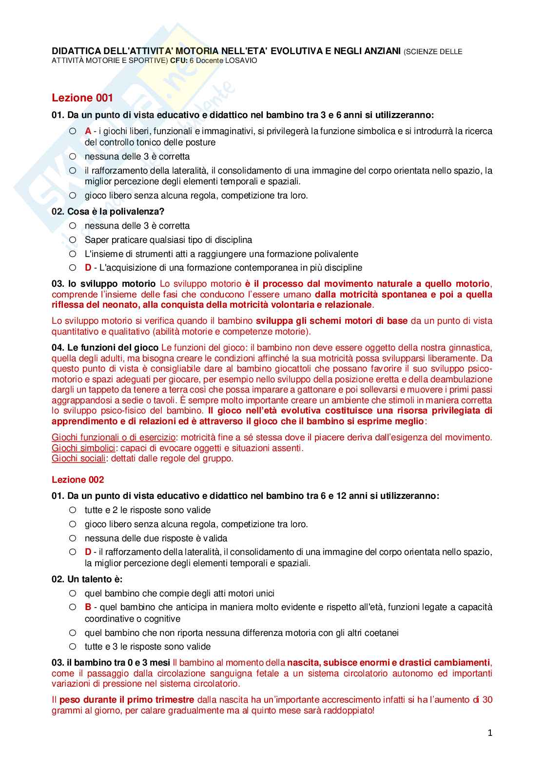 Paniere Completo di Didattica dell'attività motoria nell'età evolutiva e negli anziani (2026) - Risposte multiple e aperte corrette Pag. 2