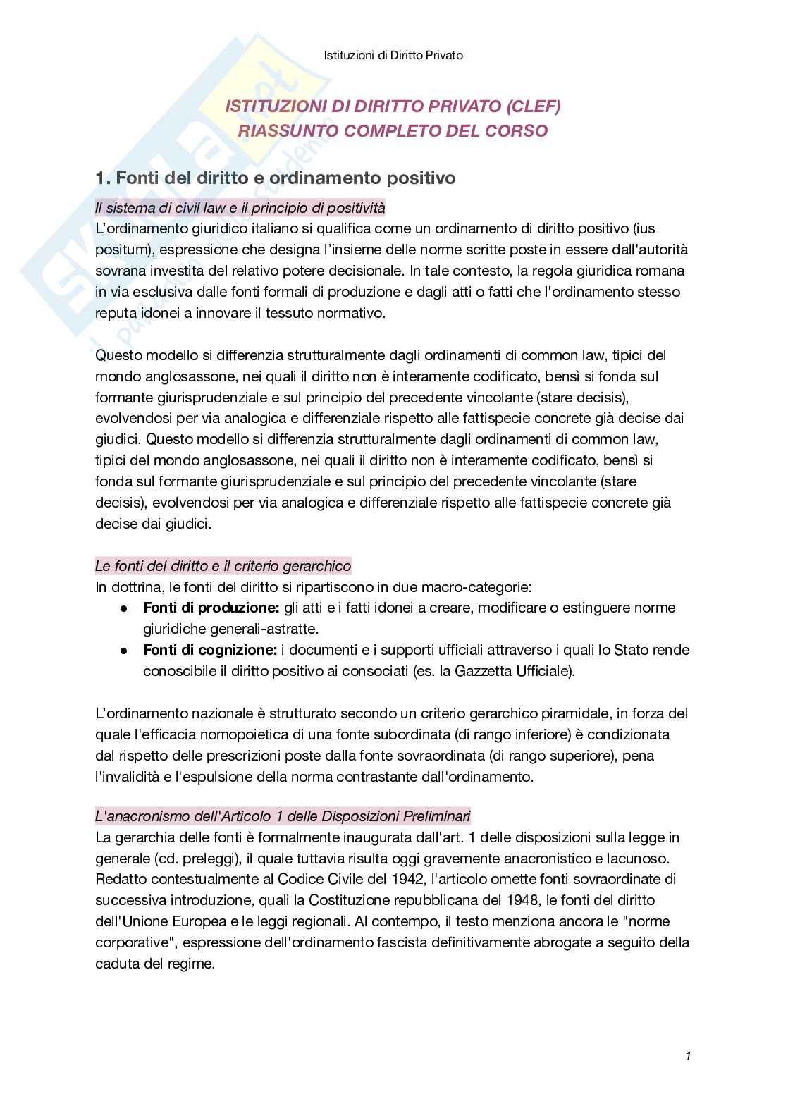 Riassunto esame Istituzioni di diritto privato, Prof. Bellomia Valentina, libro consigliato Istituzioni delle leggi civili, Russo, Doria, Lener Pag. 1