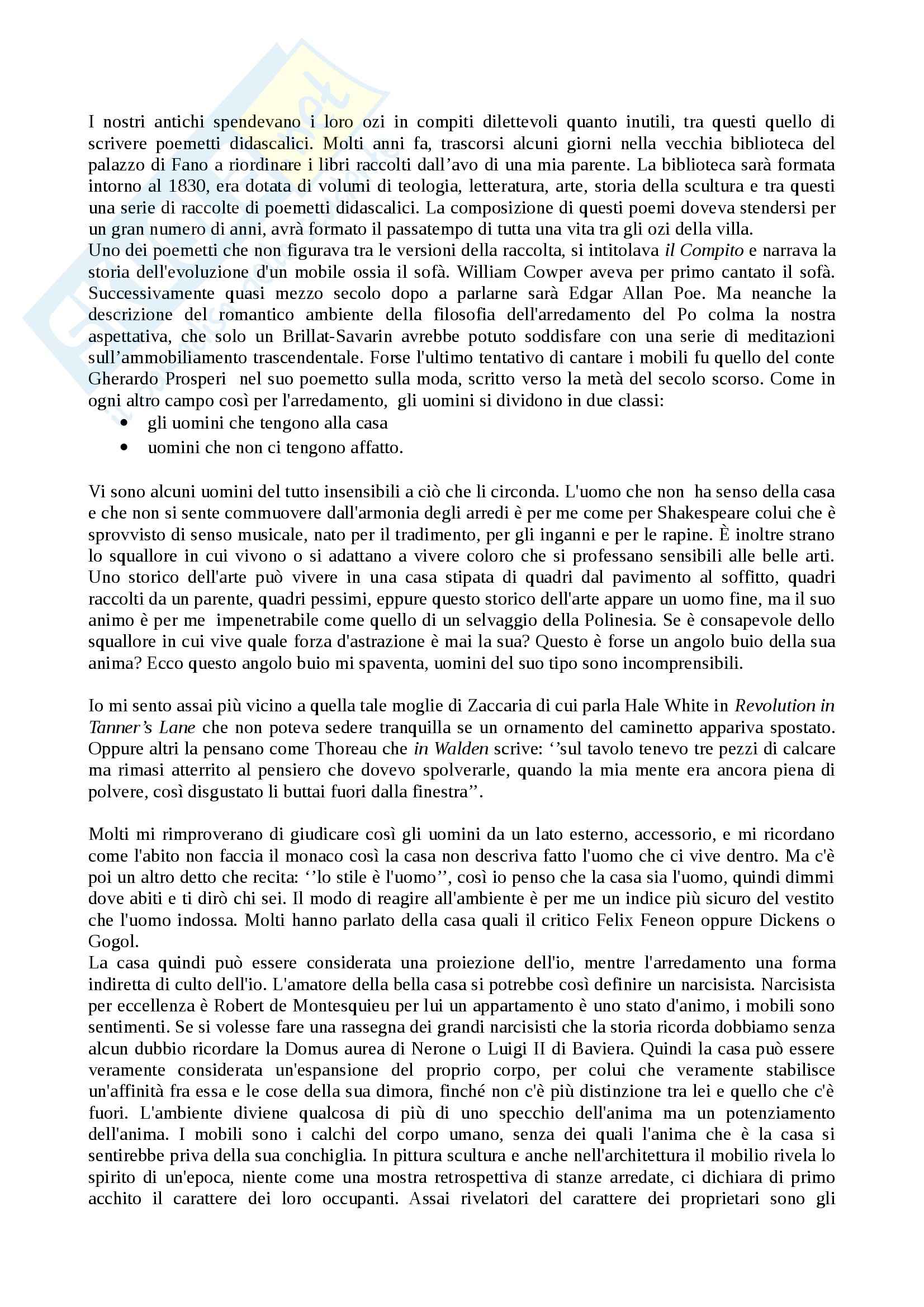 Riassunto esame Produzione artistica e società industriale, prof. Rusconi, libro consigliato La filosofia dell'arredamento, Praz Pag. 1