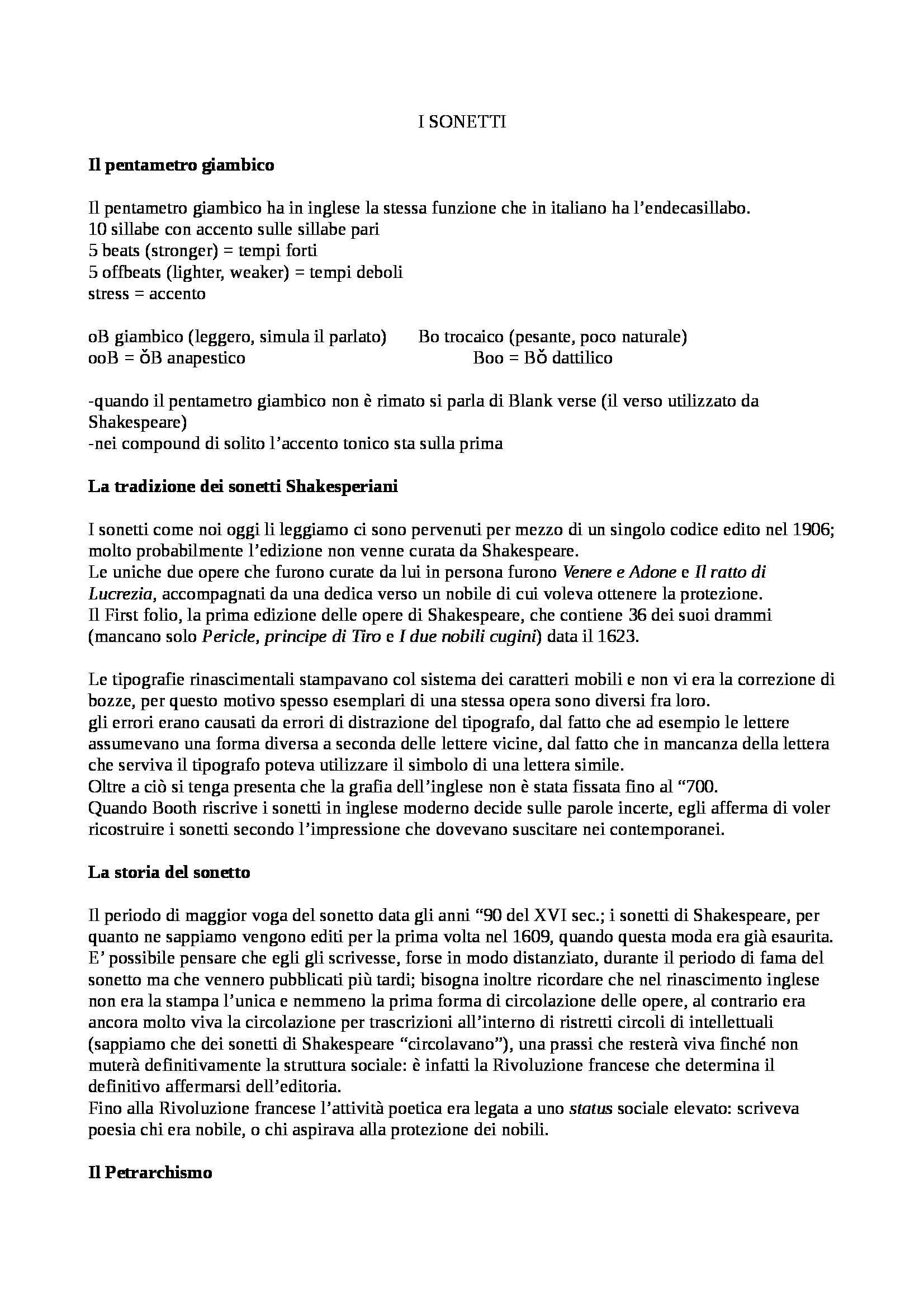 Letteratura inglese - sonetti di Shakespeare Pag. 1