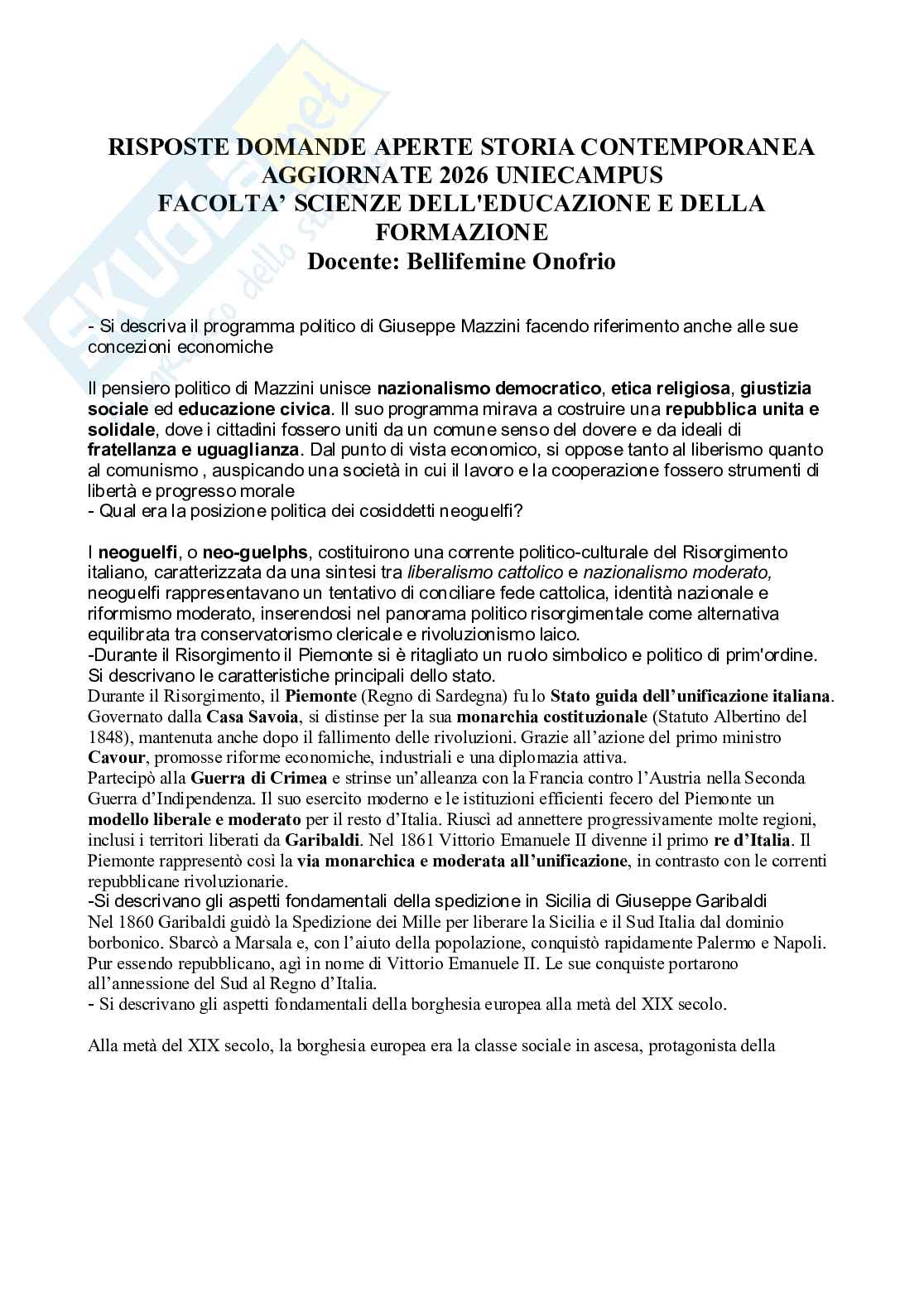 Risposte domande aperte Storia contemporanea aggiornate 2026  Pag. 1